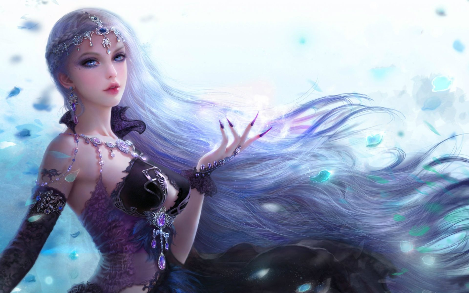 Beautiful Girl Princess Blue Long Hair Eyes Jewelery Fantasy Art Wallpaper, Wallpaper13.com