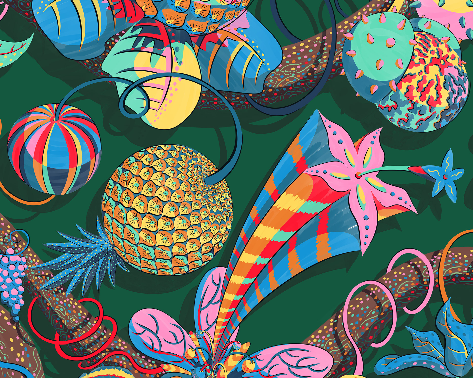 Pattern depicting colourful and eccentric fruit and flower hybrids against a rich green background