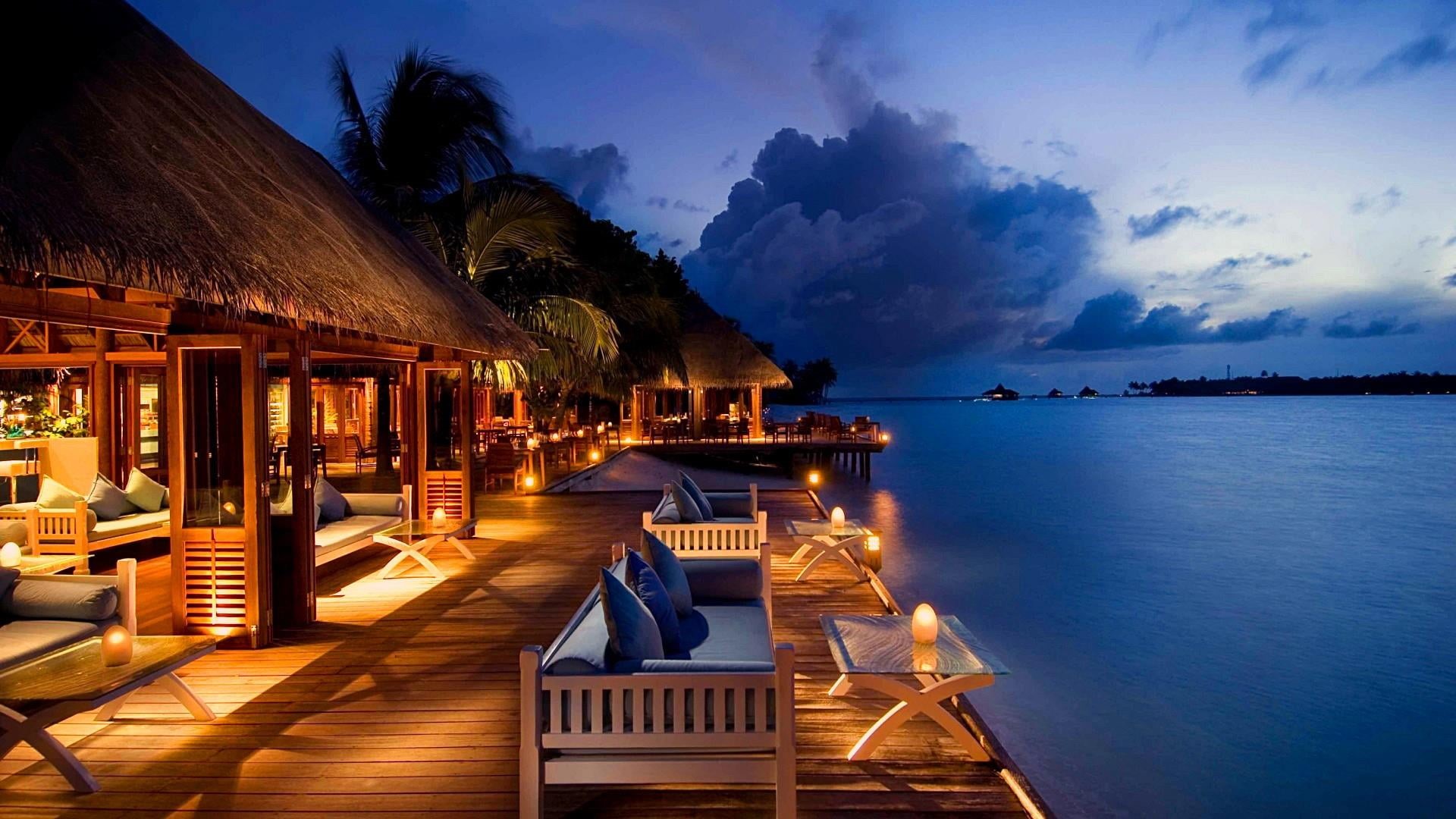 Wallpaper / beauty in nature, conrad, summer, night, land, maldives, outdoors, no people, tranquil scene, tranquility, holiday, evening, beach, water, resort, dusk free download