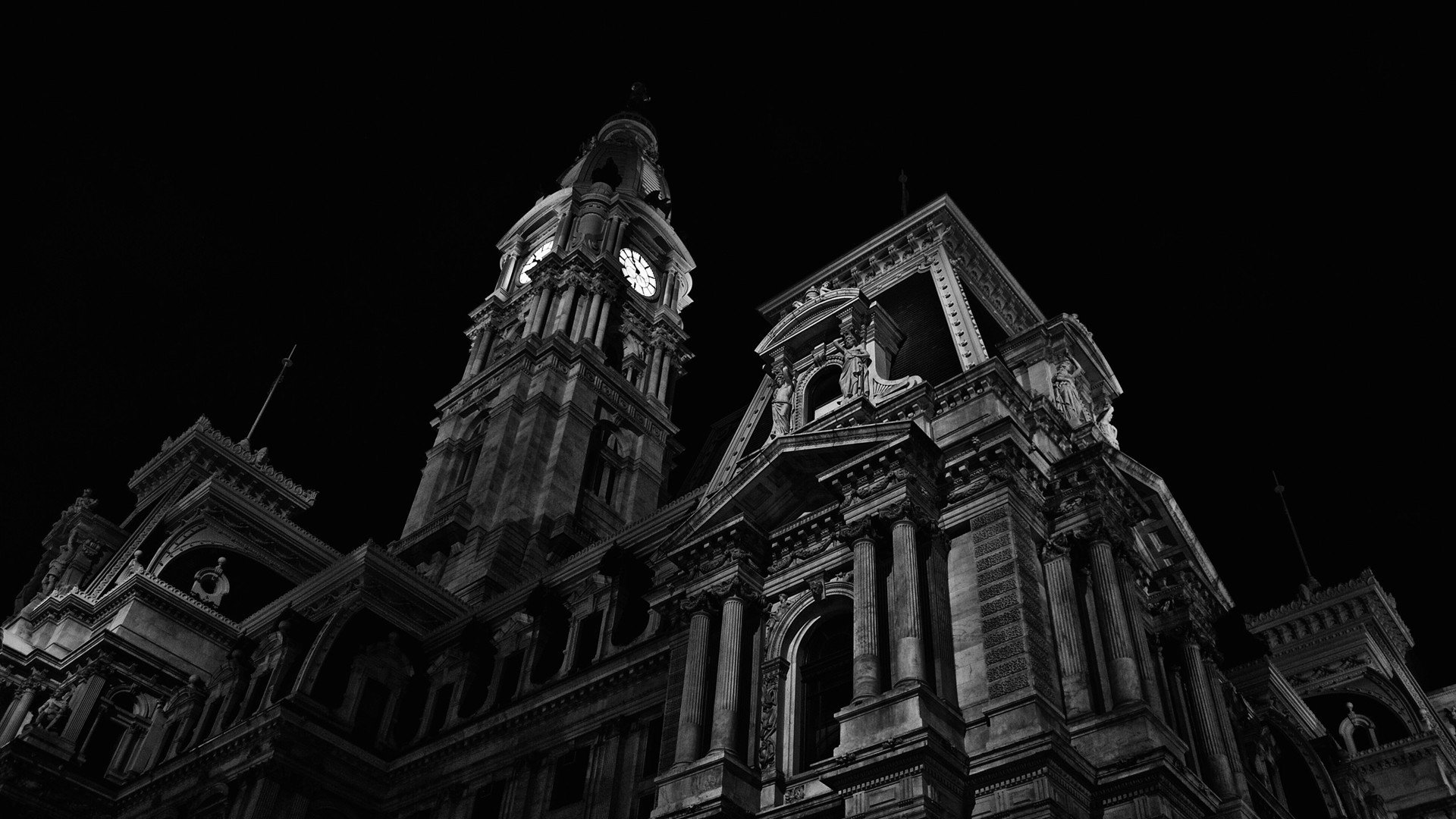 Wallpaper, 1920x1080 px, ancient, architecture, black background, city hall, Clock Towers, monochrome, night, old building, Philadelphia, tower, USA, Worms Eye View 1920x1080