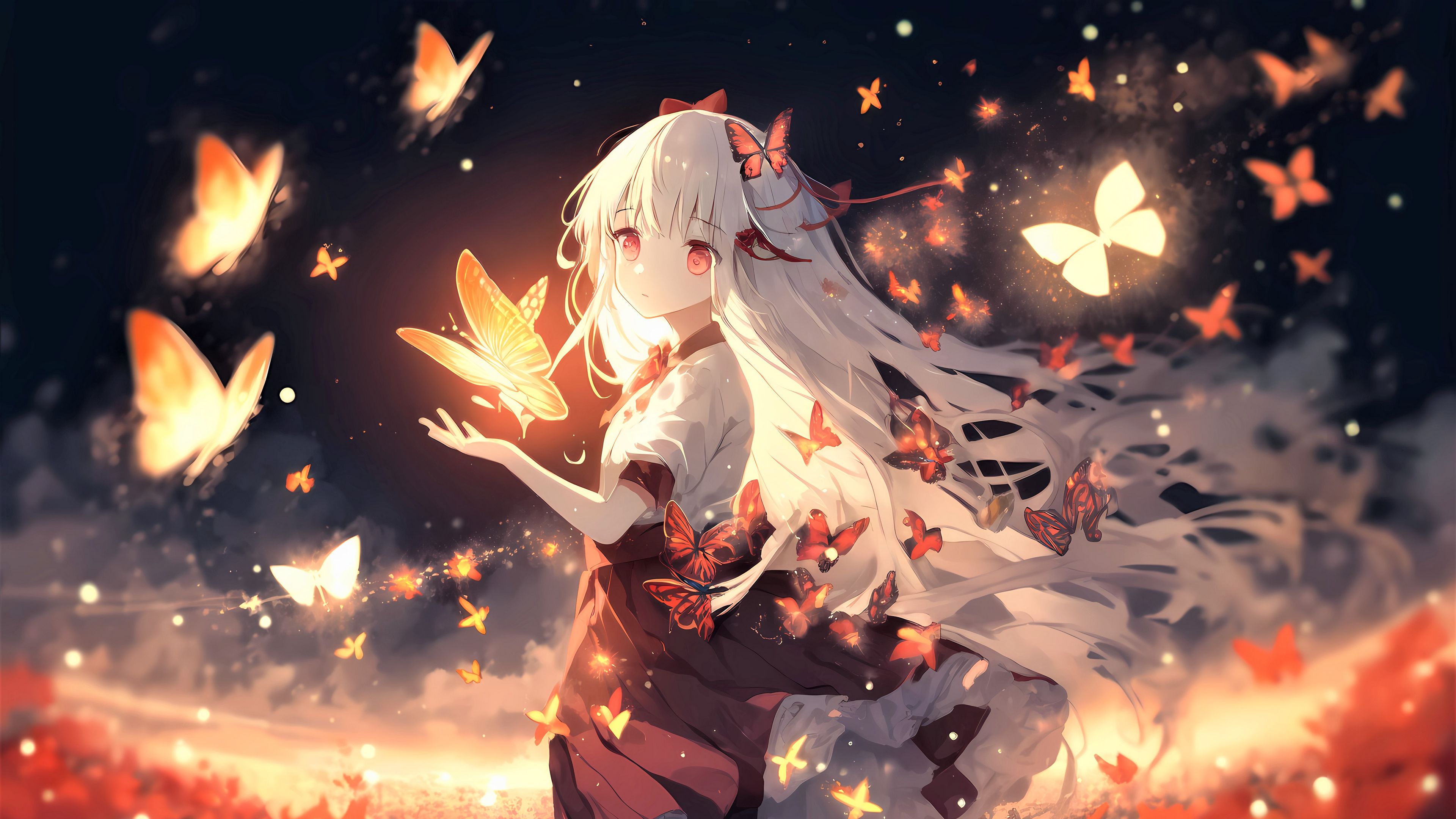 Download wallpaper 3840x2160 girl, butterflies, glow, anime 4k uhd 16:9 HD background