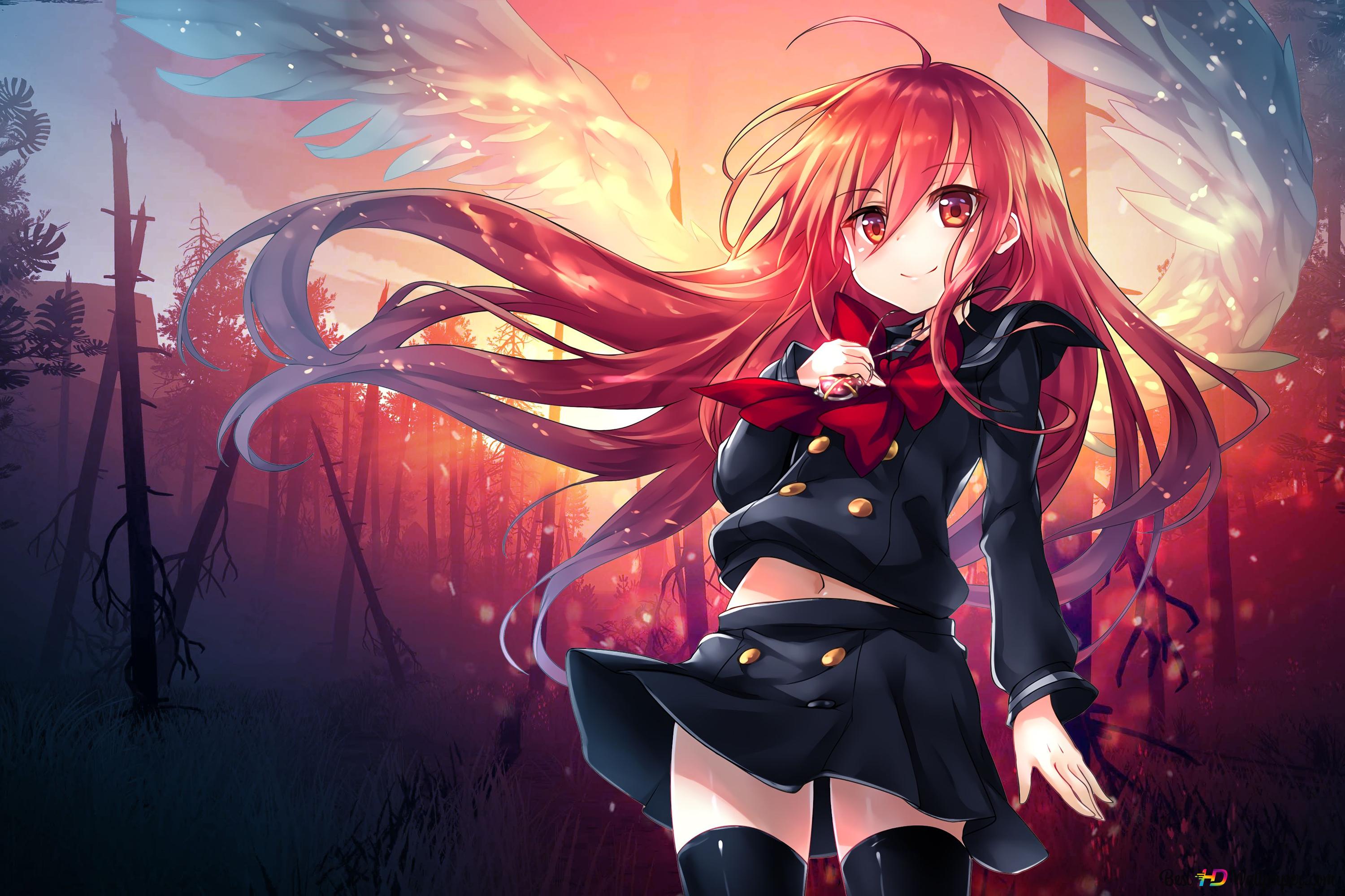 Anime girl with red long hair and angel wings in black dress in front of multicolored background 4K wallpaper download