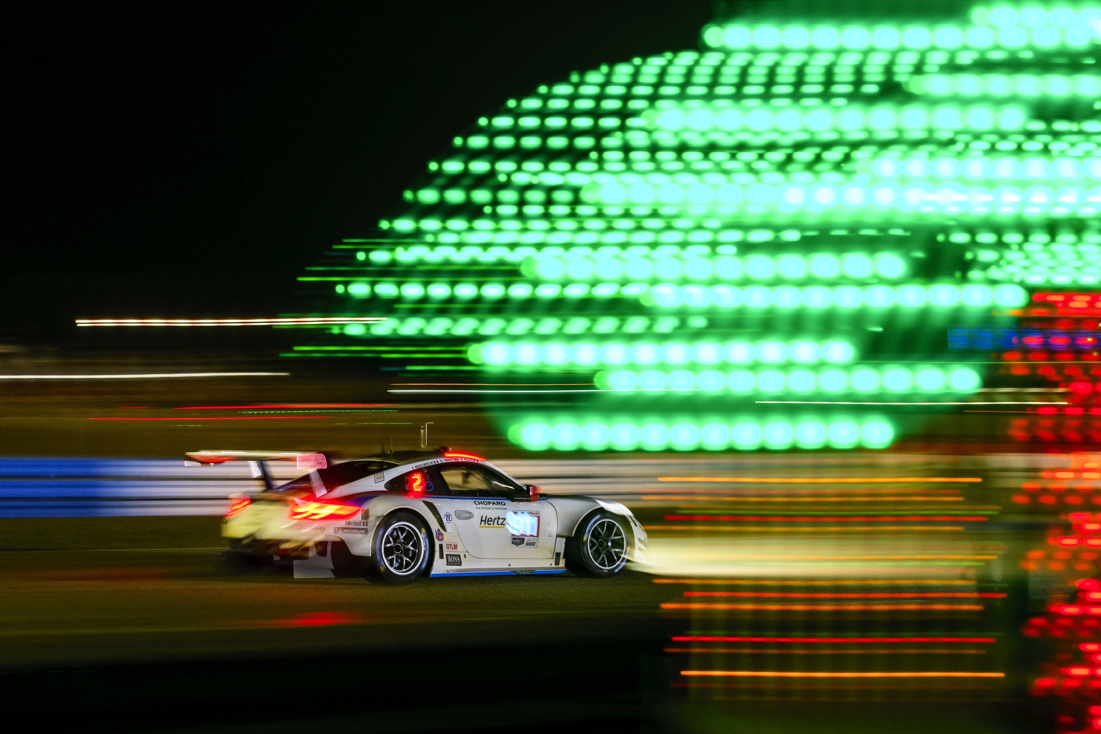 race tracks, Porsche 911, lights, photography, Porsche 911 RSR, motion blur, neon, vehicle, FIA World Endurance Championship, Porsche, Porsche 991, car Gallery HD Wallpaper