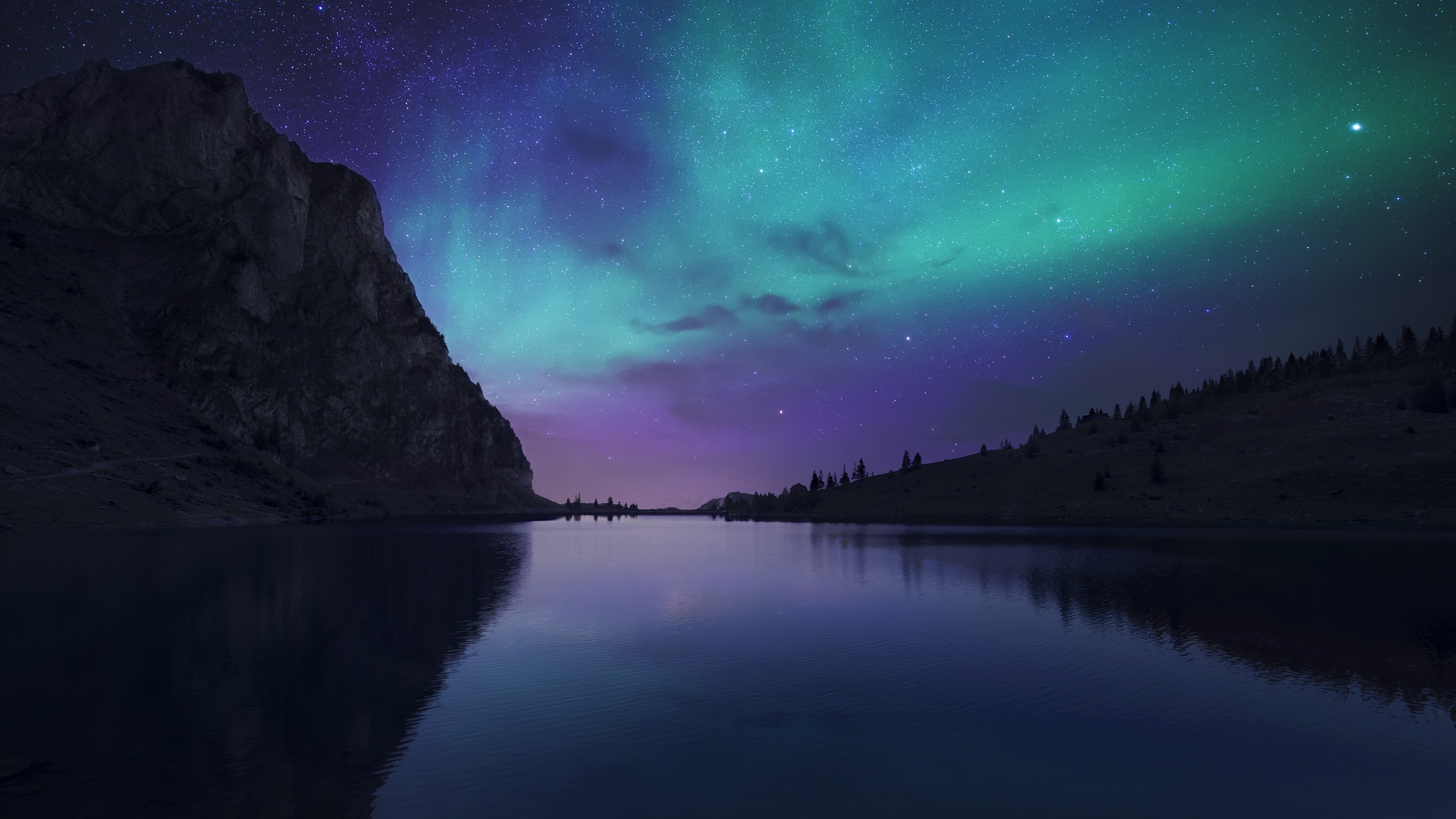 Wallpaper 4k Lake Cyan Calm Water Reflection Northern Lights 4k Wallpaper