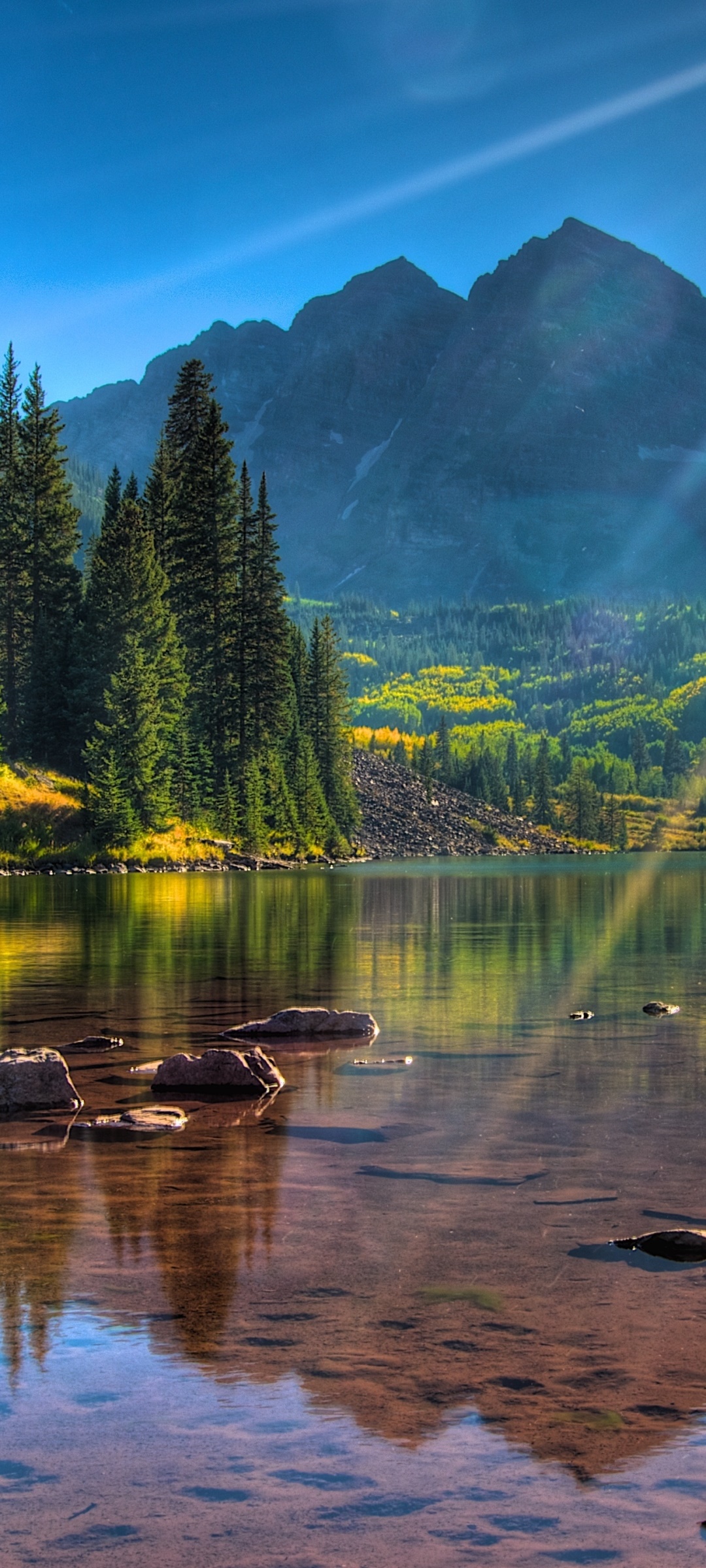 Wallpaper / Earth Maroon Bells Phone Wallpaper, Nature, Lake, Sunbeam, Water, Mountain, 1080x2400 free download