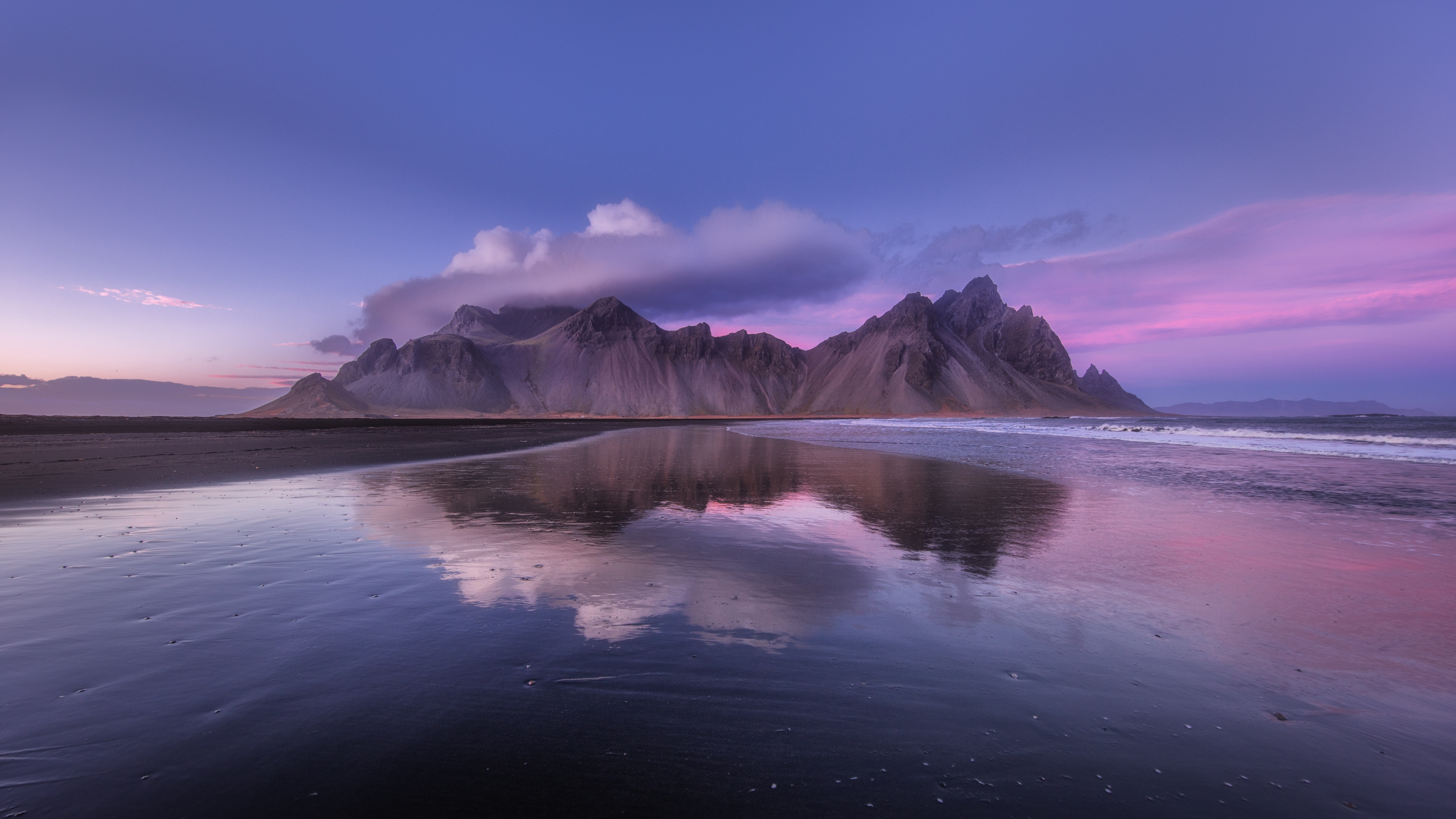 Vestrahorn mountain Wallpaper 4K, Iceland, Sunset, Cloudy Sky
