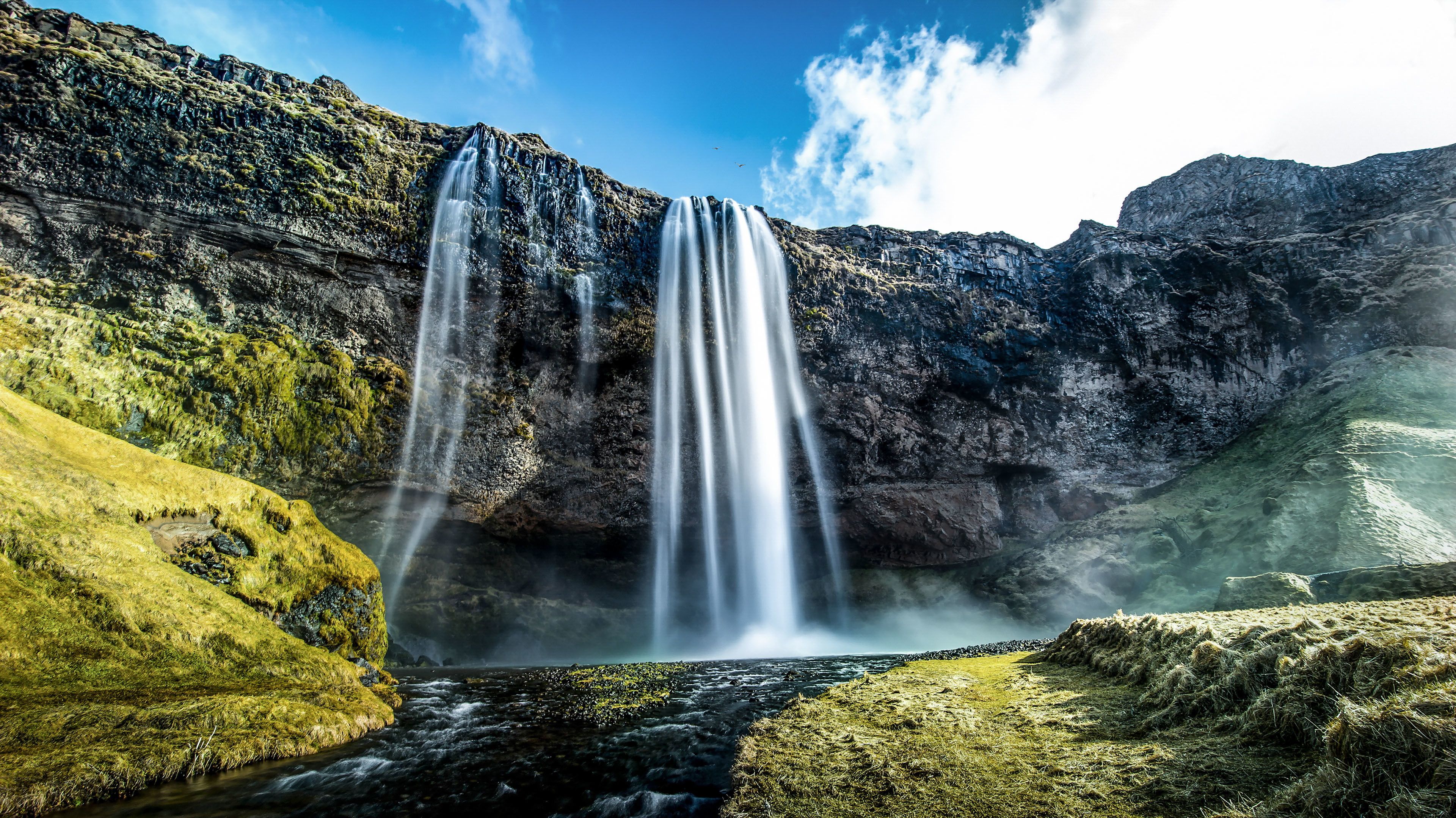 the sky #clouds #stream #waterfall #rock #Iceland #Seljalandsfoss K # wallpaper #hdwallpaper. Seljalandsfoss waterfall, Iceland waterfalls, Waterfall landscape