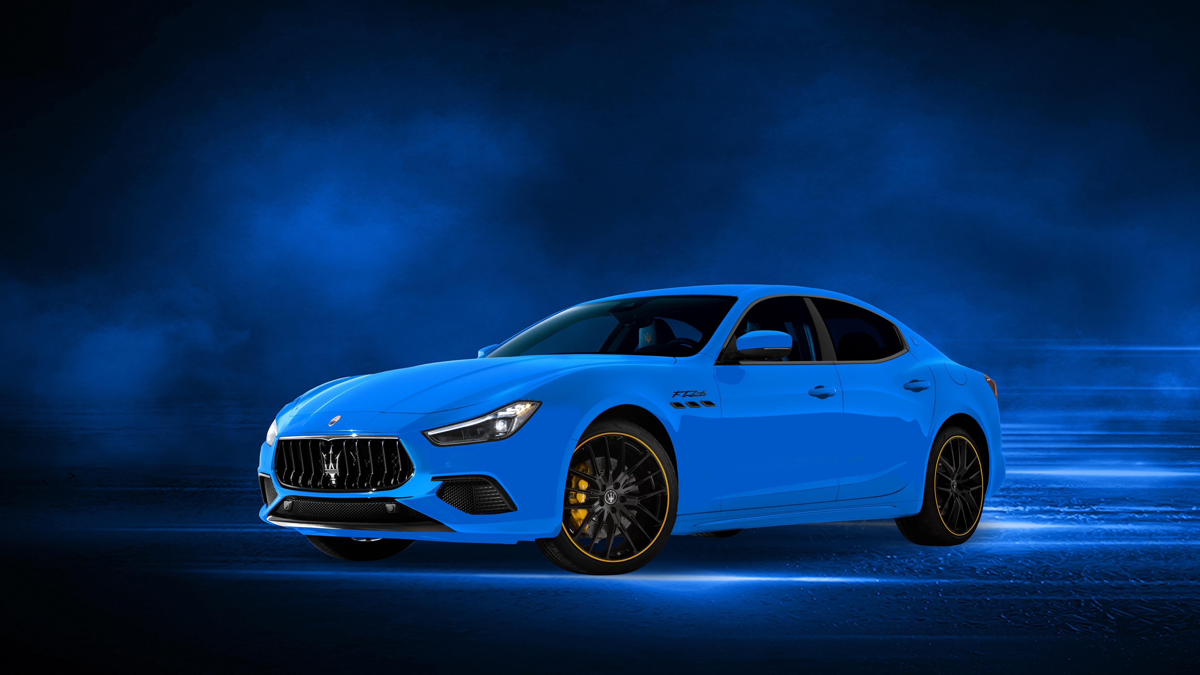 Maserati Ghibli S Q4 F Tributo Wallpaper 4K, 2021, Blue background, Cars