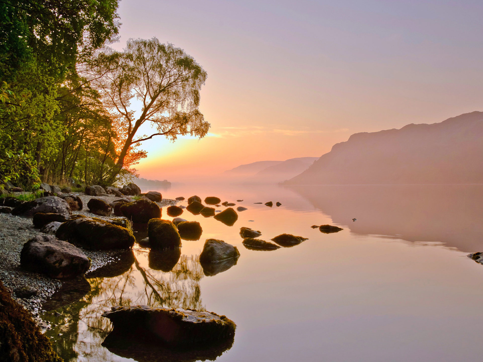 Yellow Sunset Twilight Lake Rocks Calm Water Tilted Tree Mountains 4k HD Desktop Wallpaper For Mobile Phones Tablet And Lapx2400, Wallpaper13.com