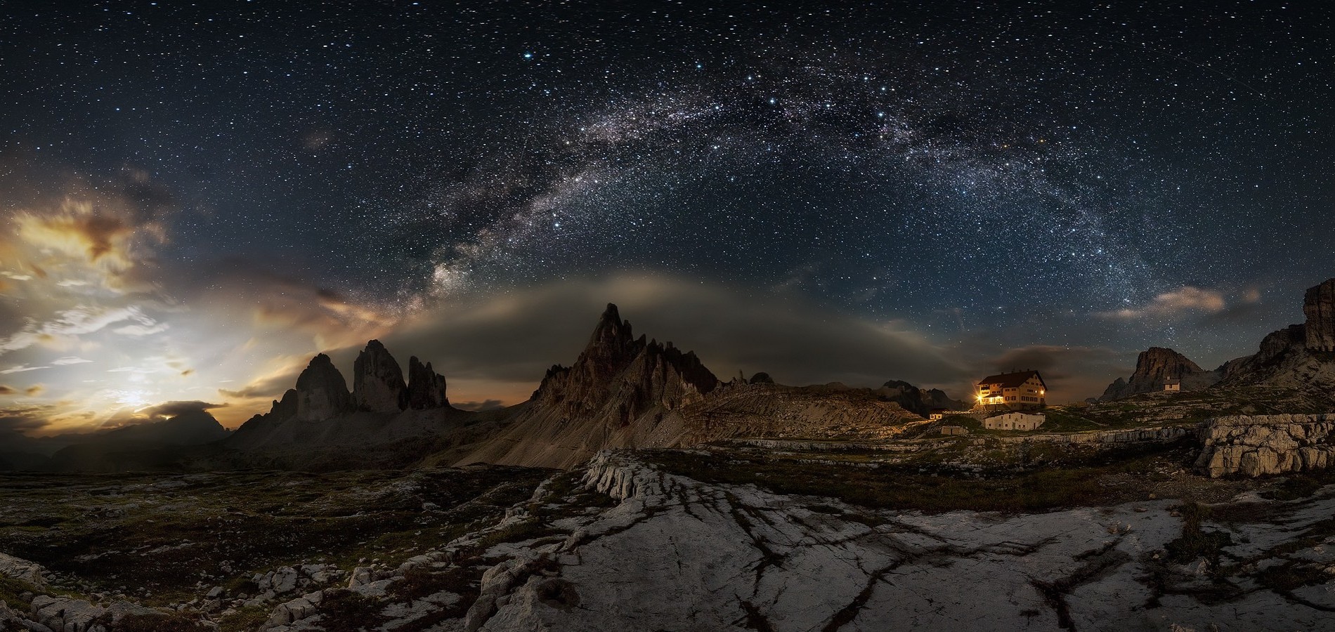 nature landscape photography panoramas milky way dolomites mountains starry night summer galaxy building cabin lights long exposure italy Gallery HD Wallpaper