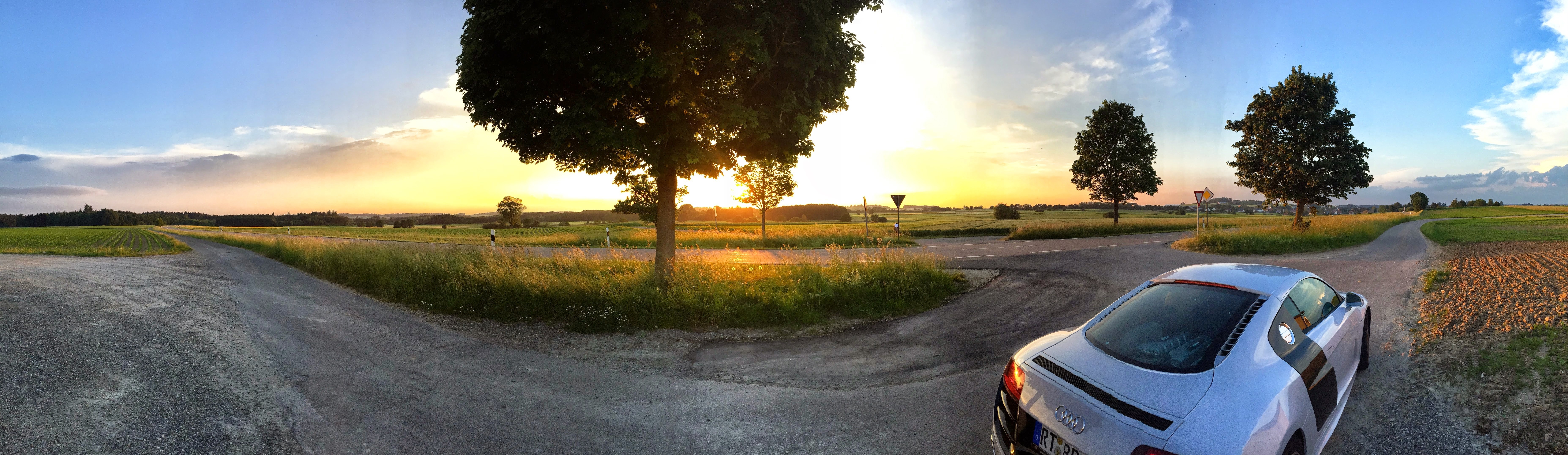 Free Image, landscape, road, driving, panorama, summer, vehicle, auto, sports car, trees, background, audi, ecosystem, screenshot, super sports car, r8, v10, bitzer, marlene, computer wallpaper, sport venue 7420x2156