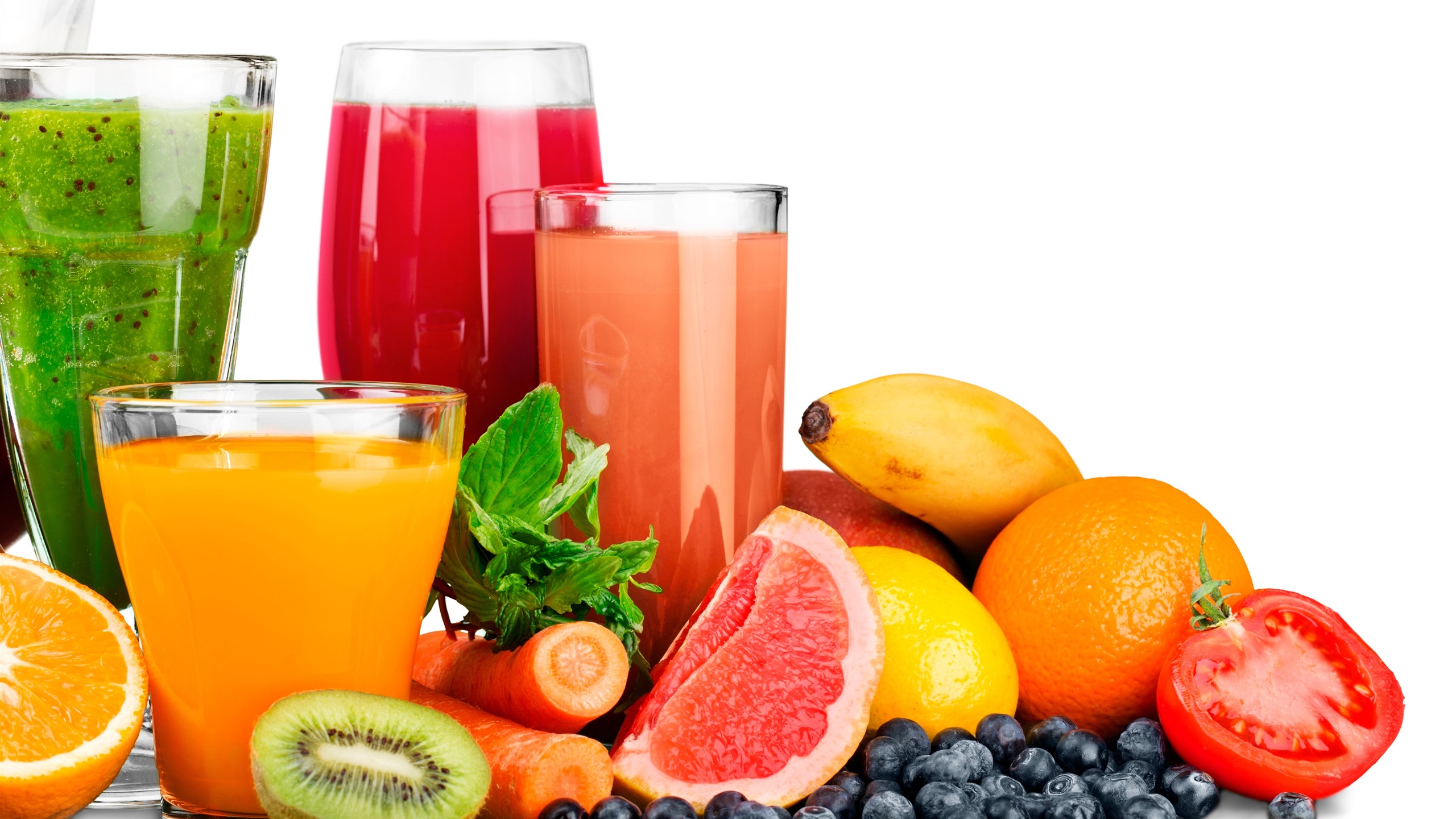 Wallpaper Fruit juice, glass cups, drinks, kiwi, banana, blueberry, oranges 5120x2880 UHD 5K Picture, Image