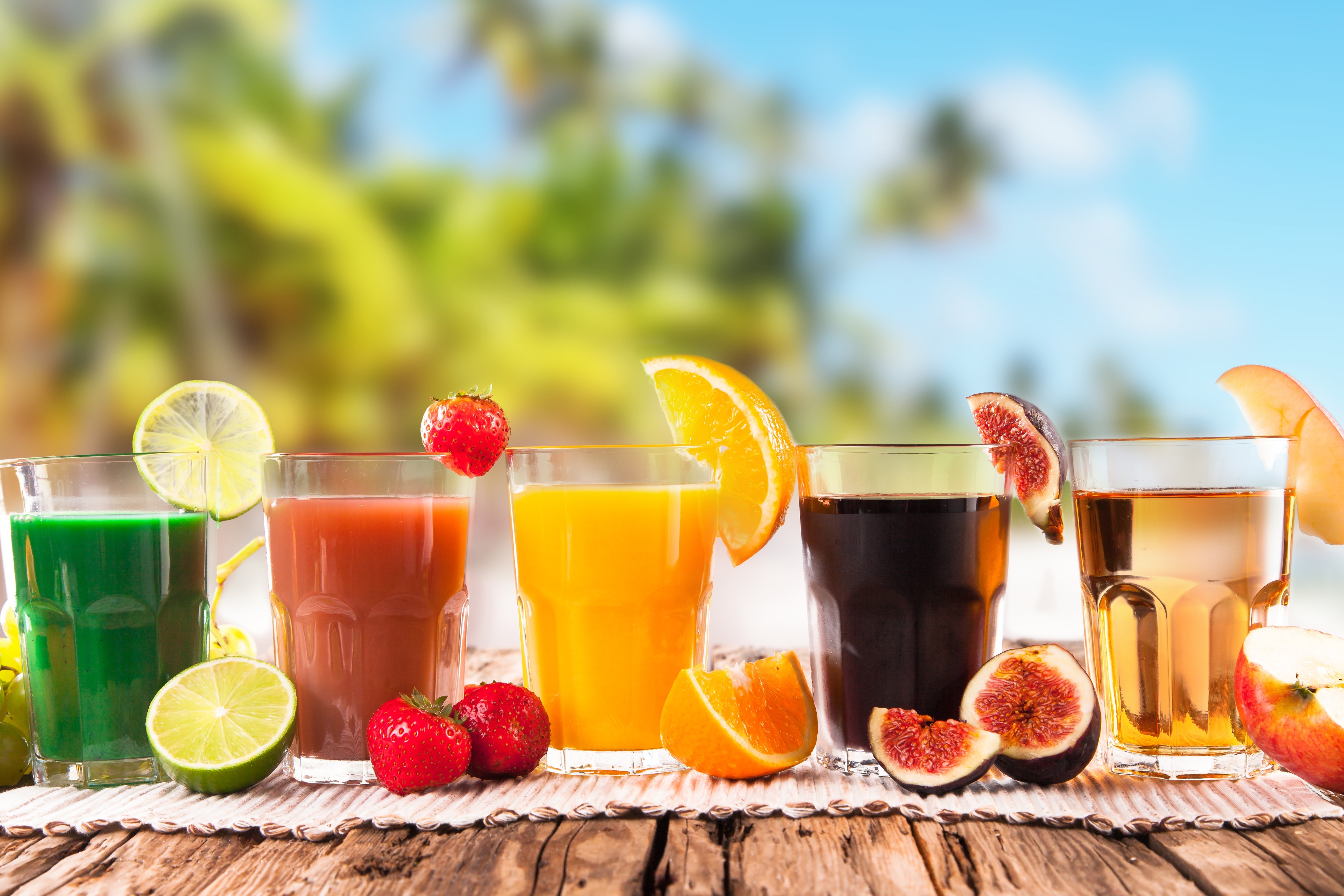 4K, 5K, 6K, Juice, Drinks, Strawberry, Orange fruit, Common fig, Lemons, Highball glass Gallery HD Wallpaper