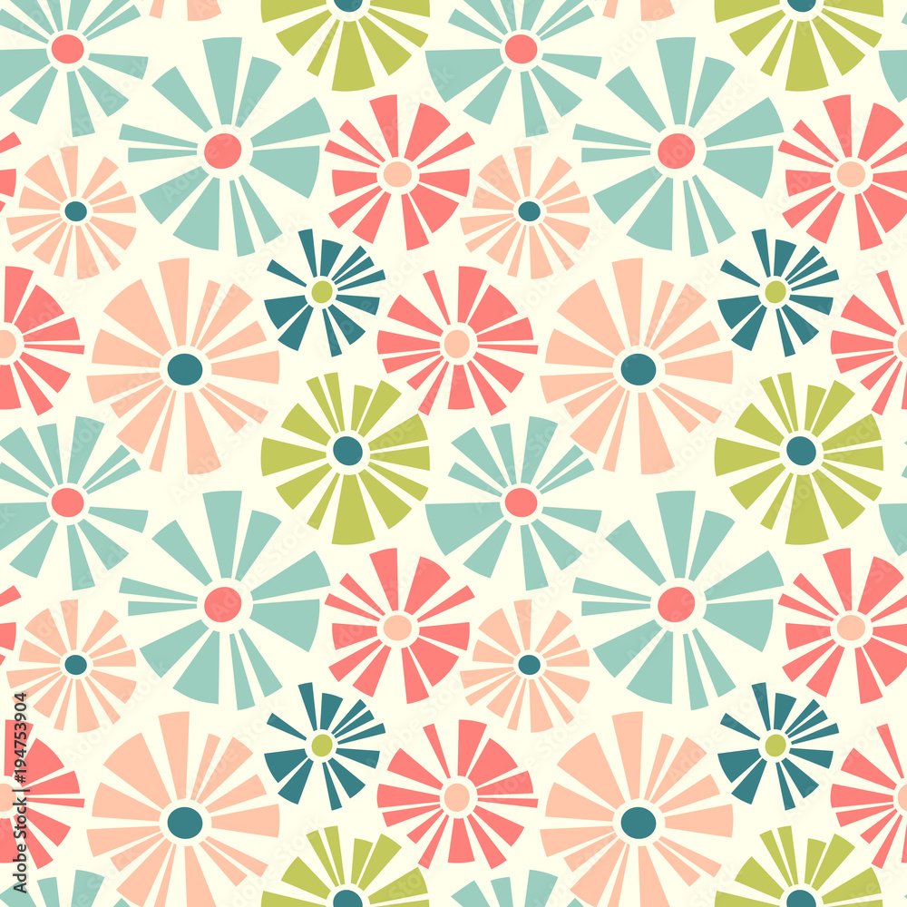 Spring theme seamless pattern of cut out style daisies. Cheerful retro design for fabric, wallpaper, background and decor. Stock Vector