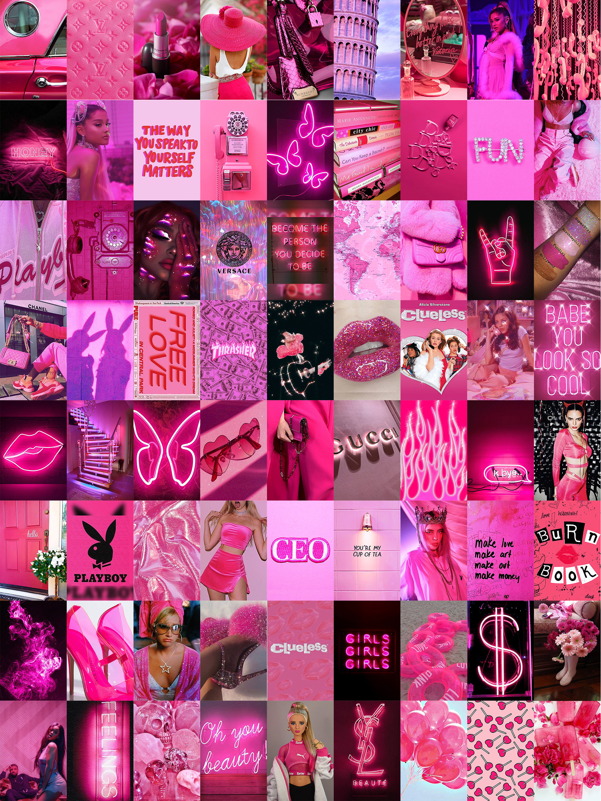 Aesthetic Collage Kit digital Download 72 Pcs Neon Pink