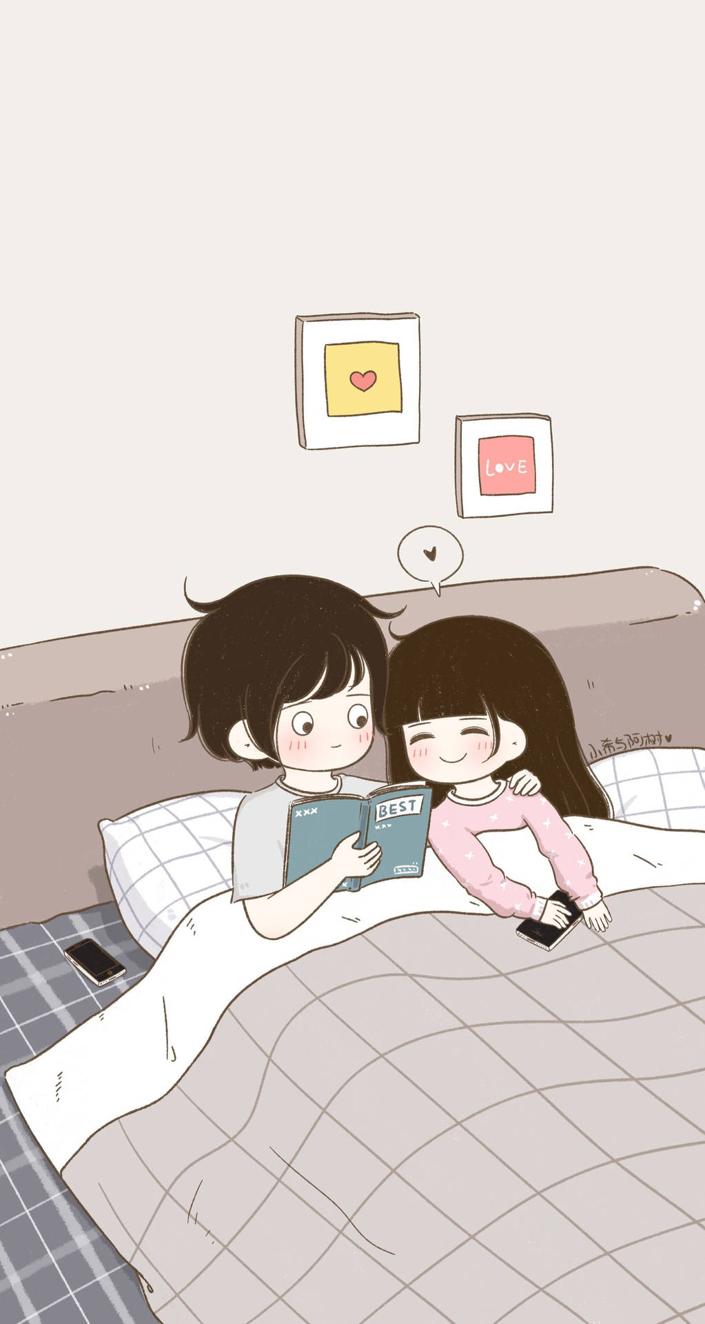 Download Cute Couple Cartoon Bedroom Book Wallpaper