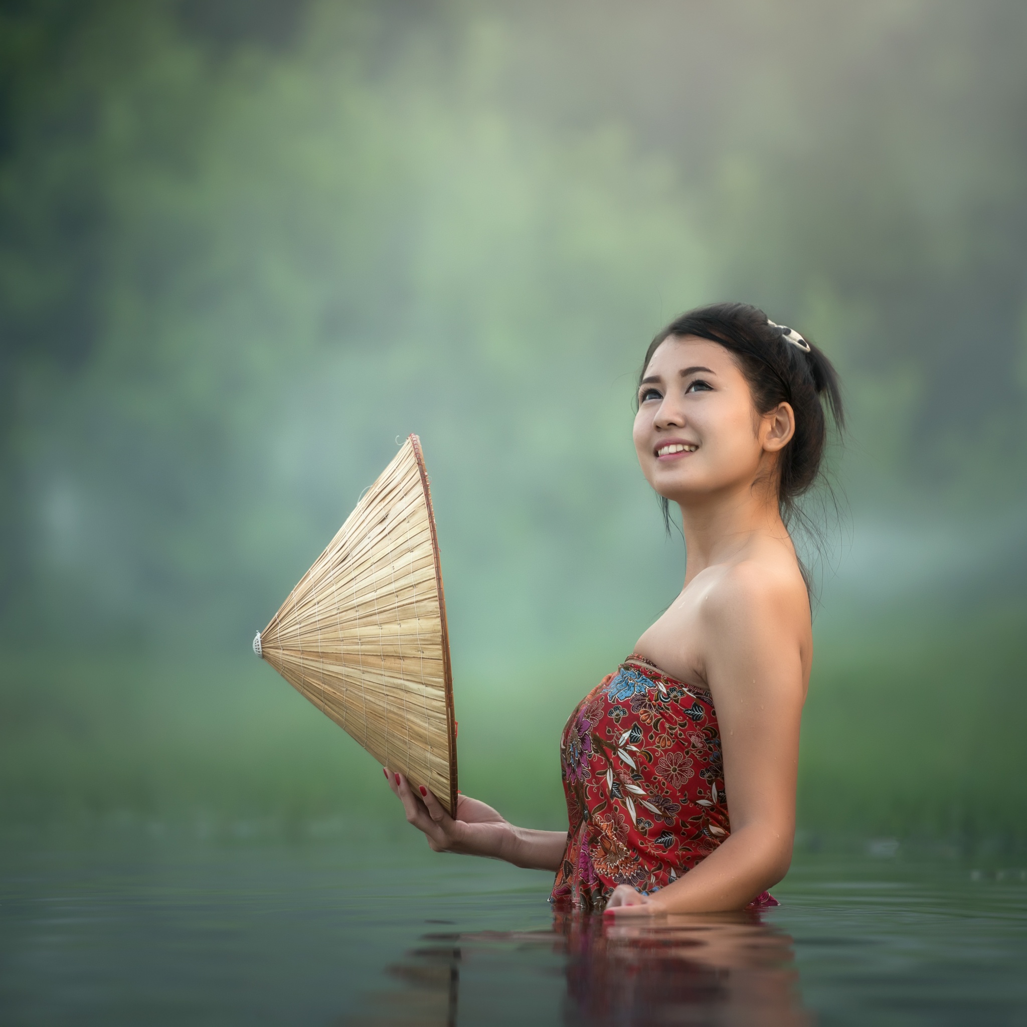 Asian Girl Wallpaper 4K, 5K, Teen, Lake, Pond, Bath time