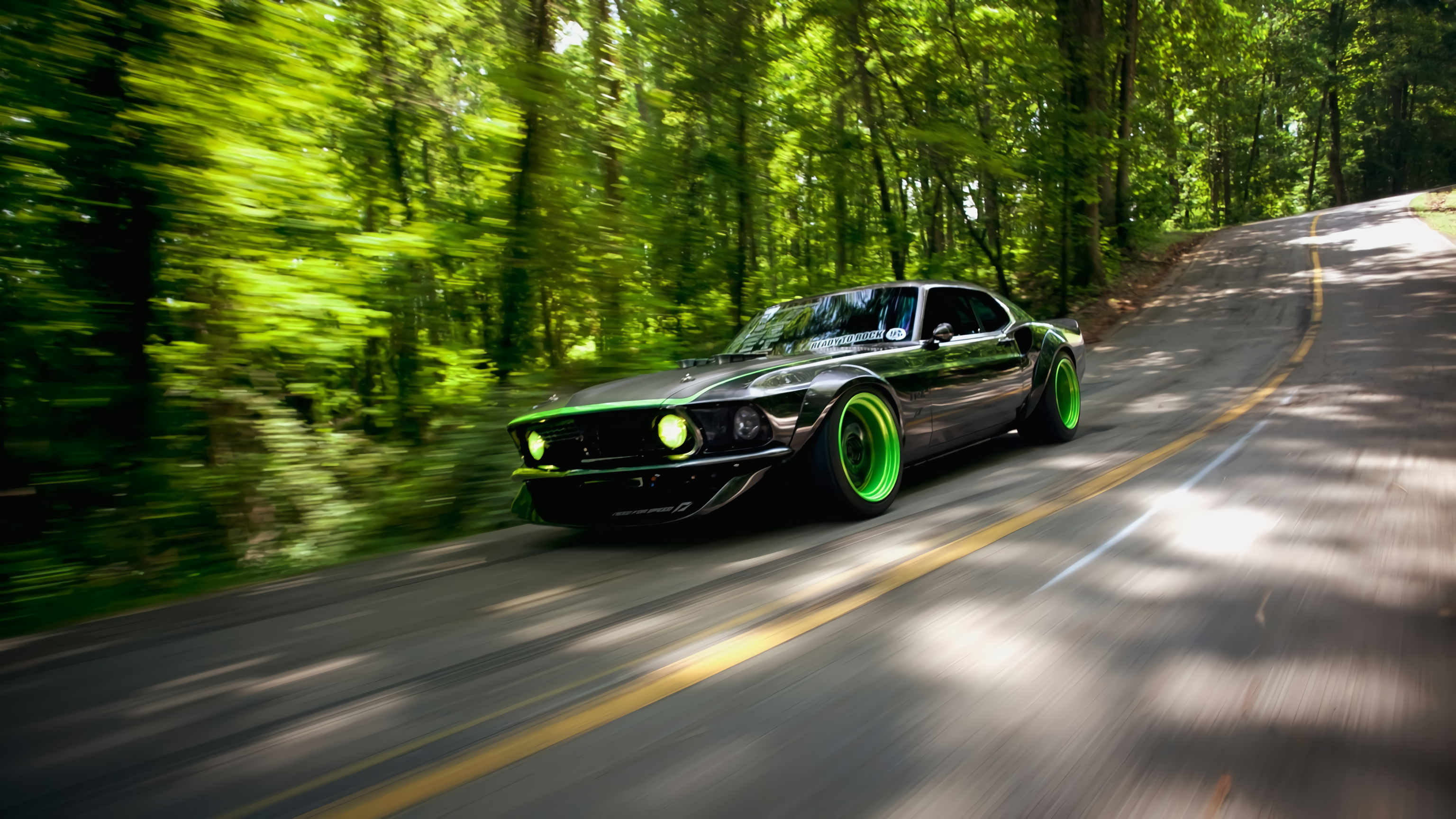Wallpaper, nature, green, road, sports car, Mustang Car, photography, trees 3072x1728