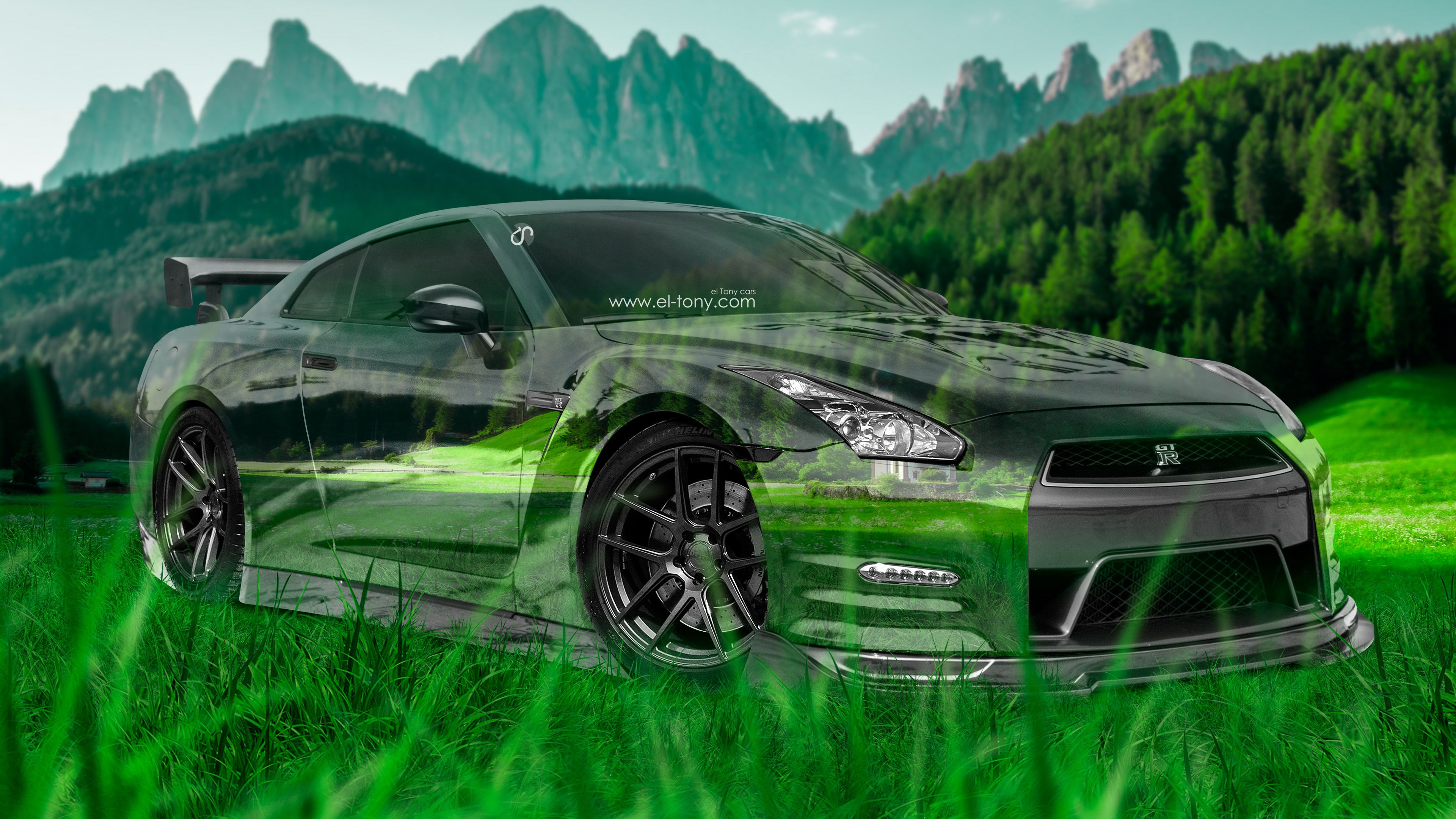 Nissan GTR R35 JDM 3D Crystal Nature Car 2015 Green Grass Style HD Wallpaper Design By Tony Kokhan. Ниссан, Природа, Обои