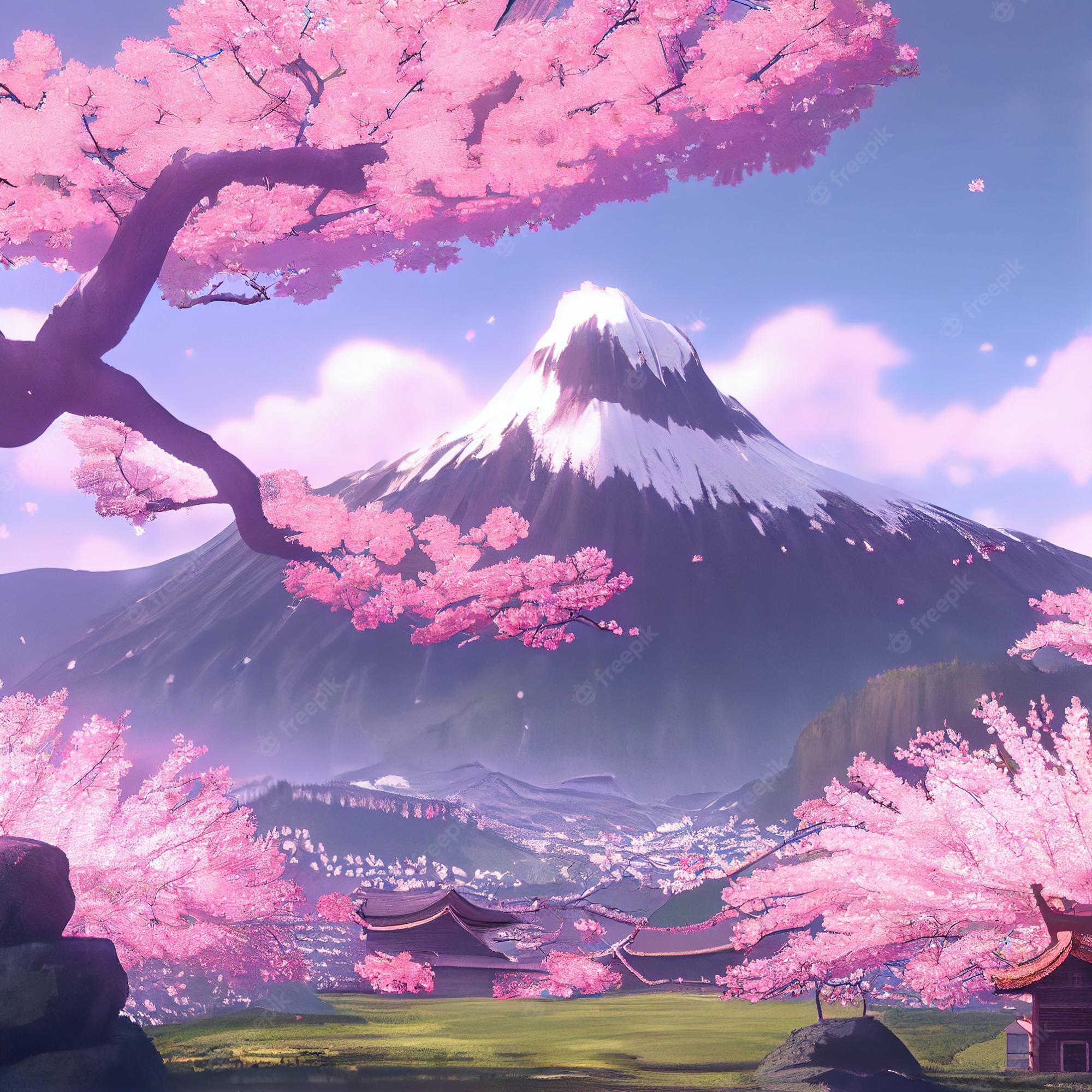Premium Photo. Mount fuji and cherry blossom trees landscape japanese manga illustration