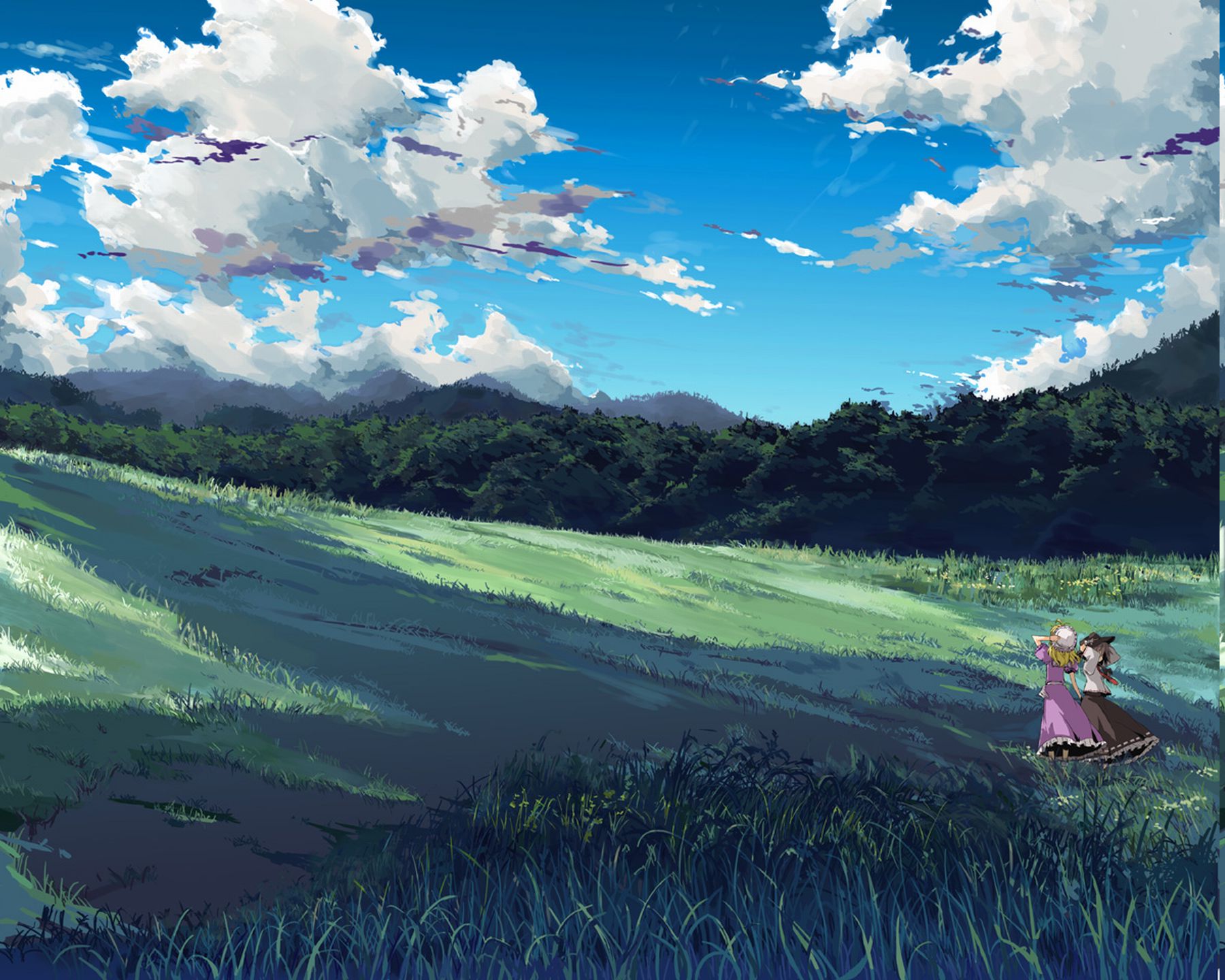 Wallpaper, landscape, hill, nature, grass, sky, field, manga, morning, wind, horizon, valley, Alps, plateau, cloud, flower, grassland, meadow, plain, rural area, computer wallpaper, mountainous landforms, ecosystem, mountain range, 1800x1440 px