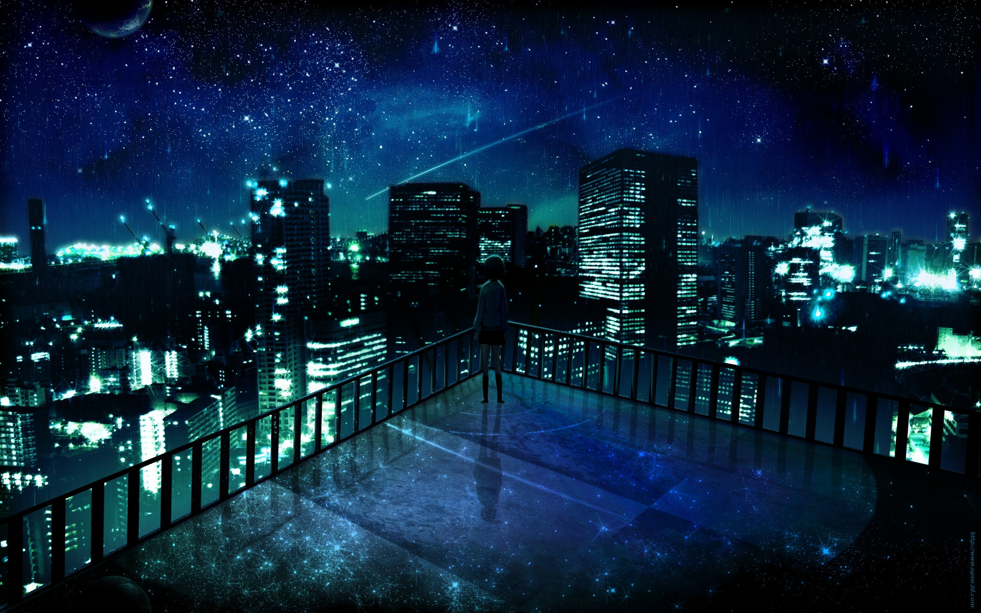 outer space cityscapes night stars alone balcony buildings city lights artwork manga night landscape Wallpaper