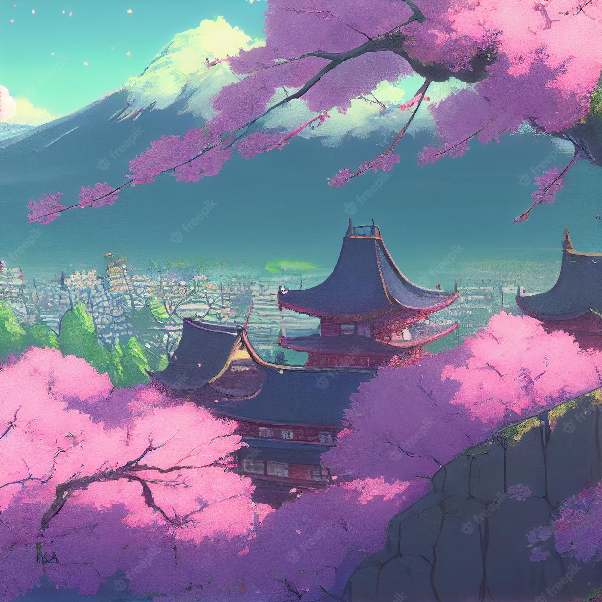 Premium Photo. Cherry blossom trees on japanese village landscape anime manga illustration