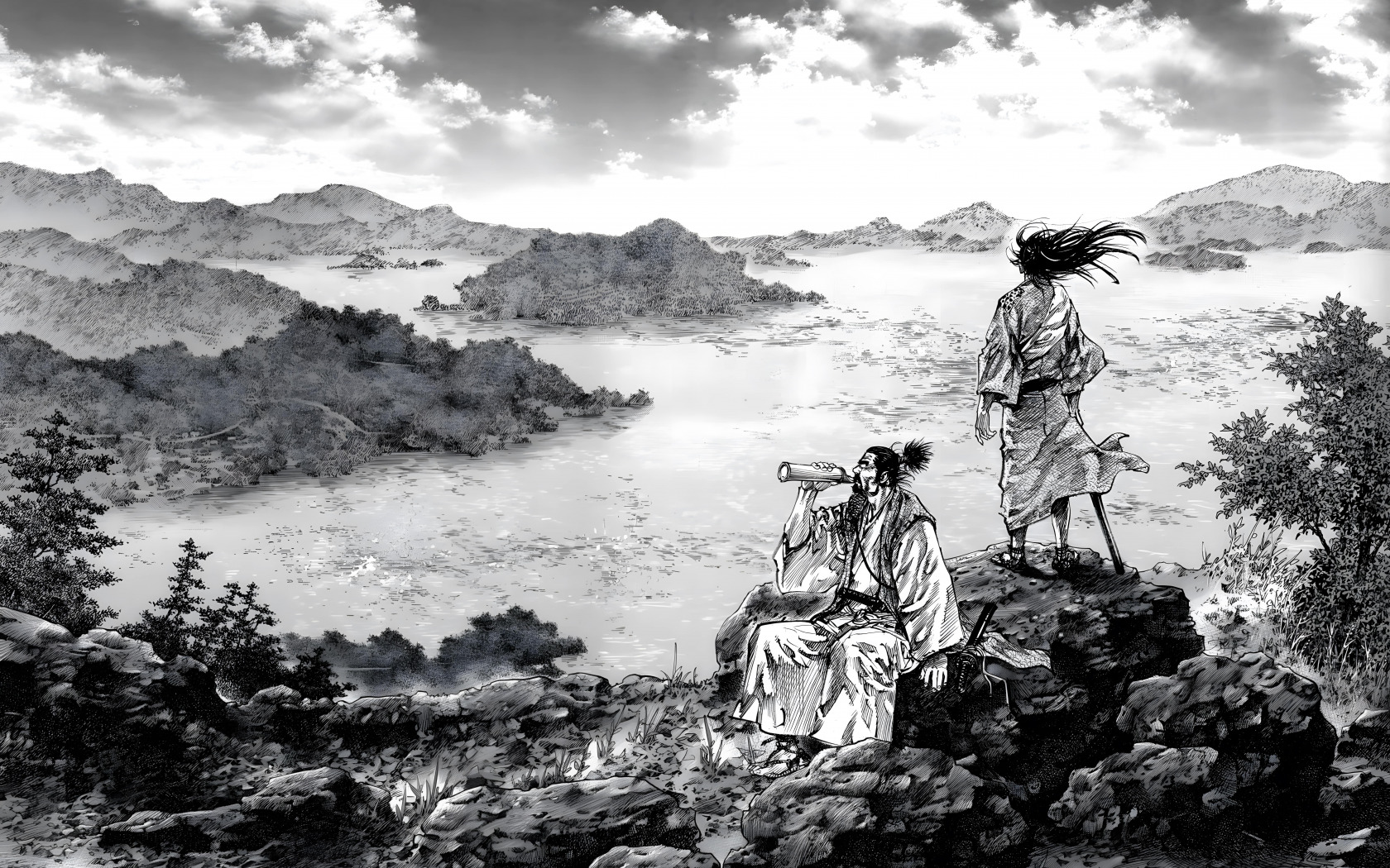 Download wallpaper Two, Landscape, Men, Manga, Black and white, Manga, Hobo, Miyamoto Musashi, Vagabond, Miyamoto Musashi, section art in resolution 1680x1050
