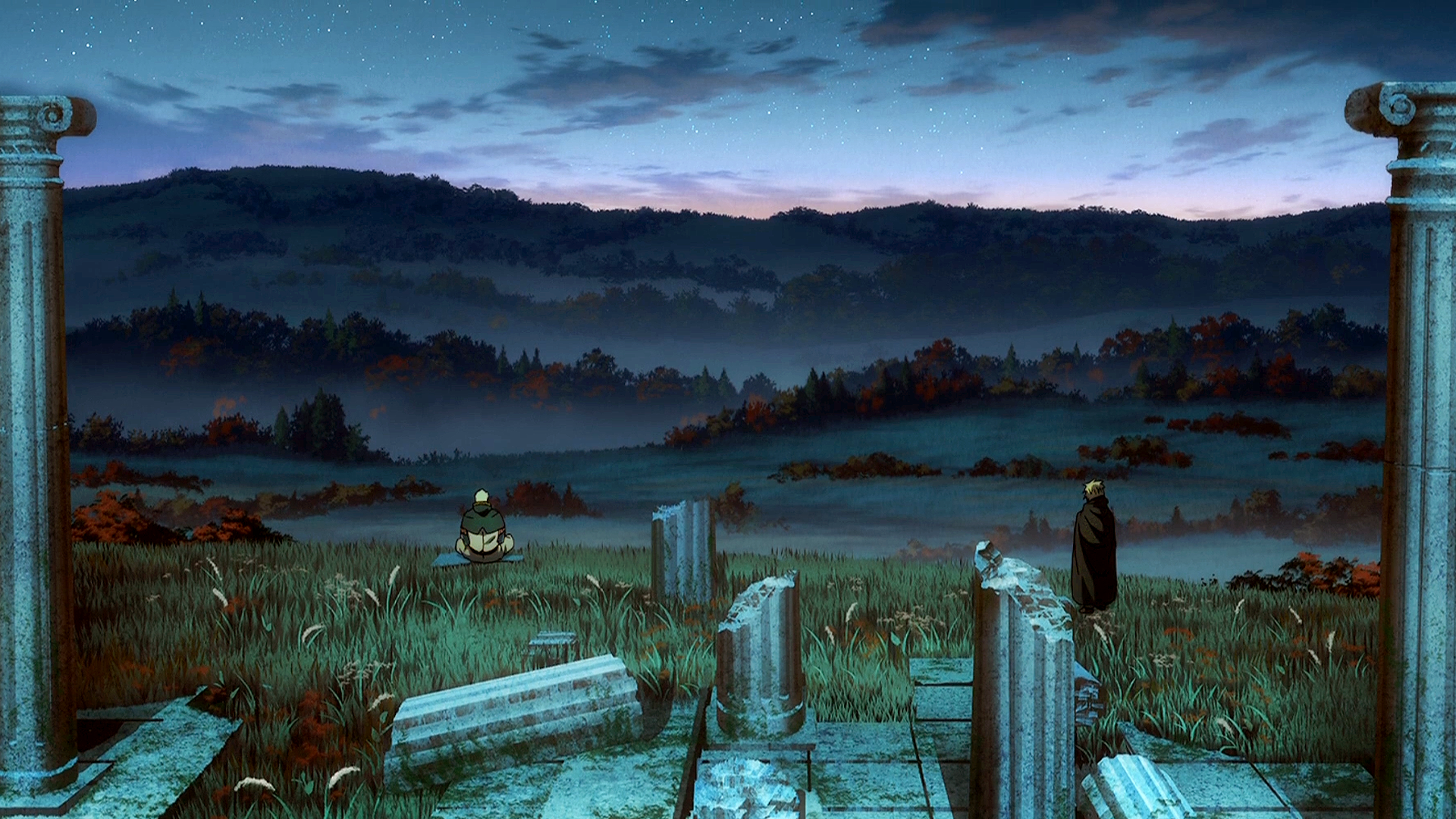 Wallpaper / Vinland Saga, landscape, ruins, dawn, sky, clouds, stars, roman empire, England, anime, manga, hills, trees, Makoto Yukimura, Wit Studio, Thorfinn, Vikings, standing, yellow hair, Askeladd, grass, cloaks free download