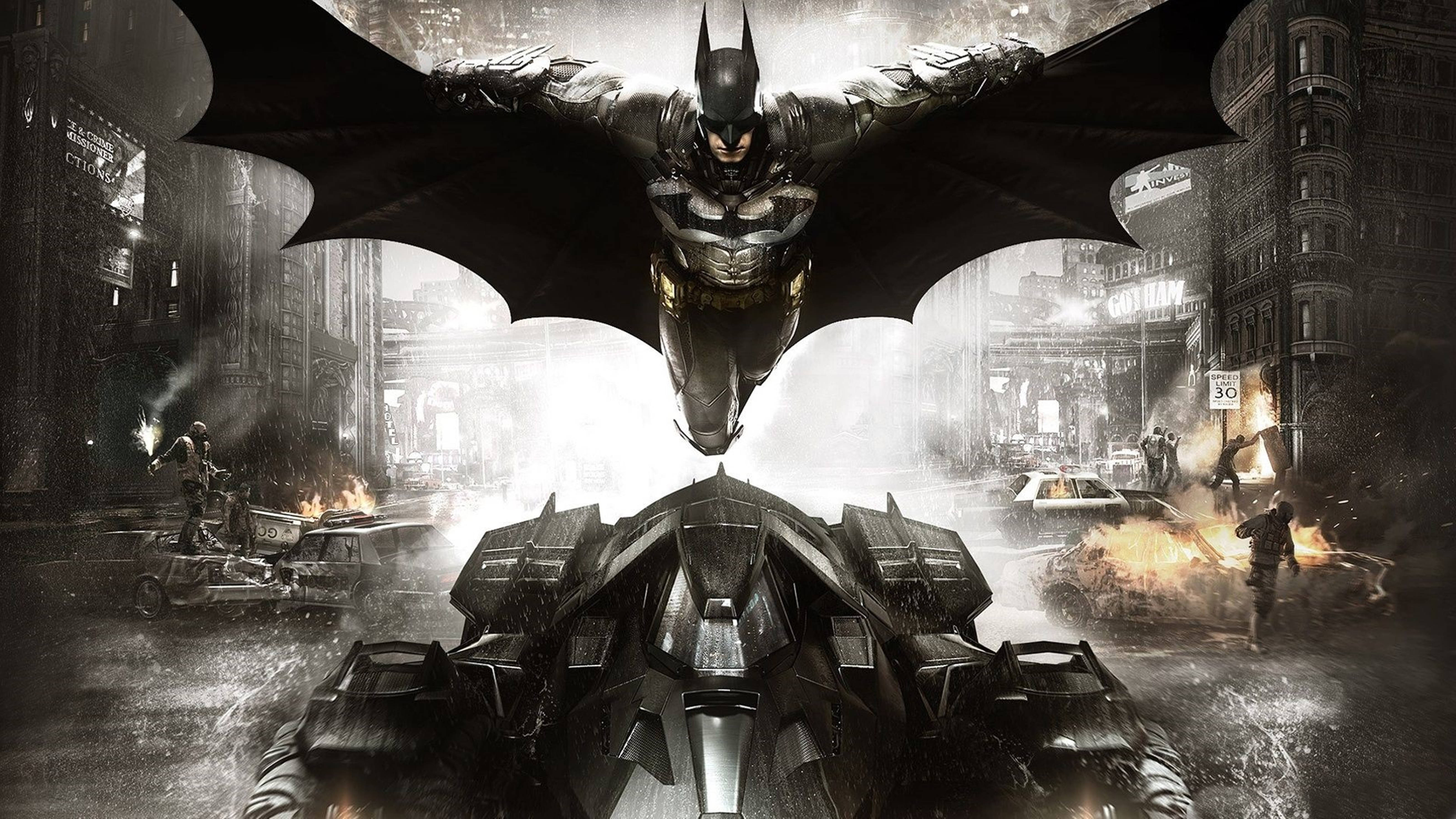 Download Batman Flying With Batmobile In Arkham City 4k Wallpaper