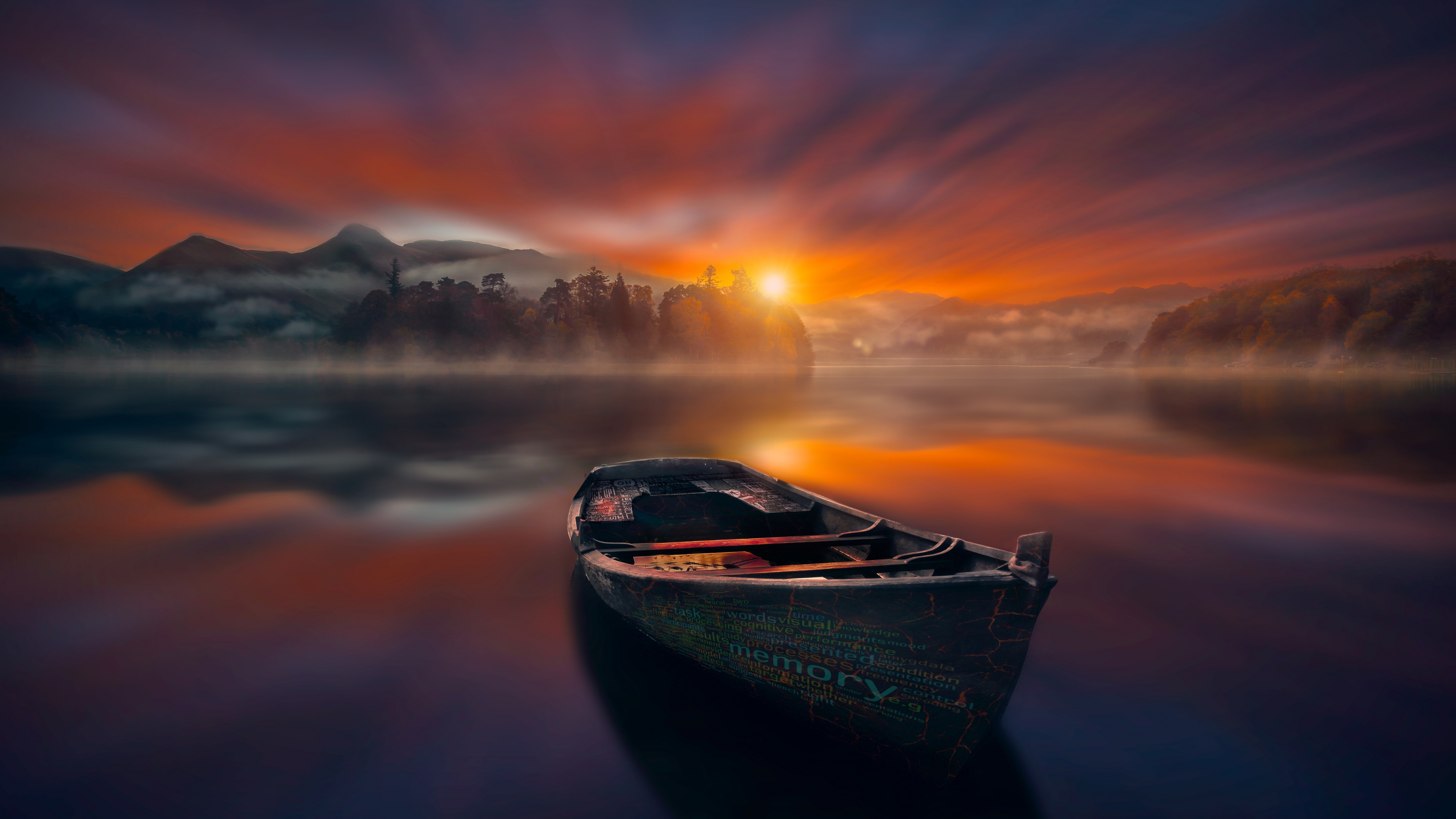 Sunset Wallpaper 4K, Boat, Lake, Reflections, Nature