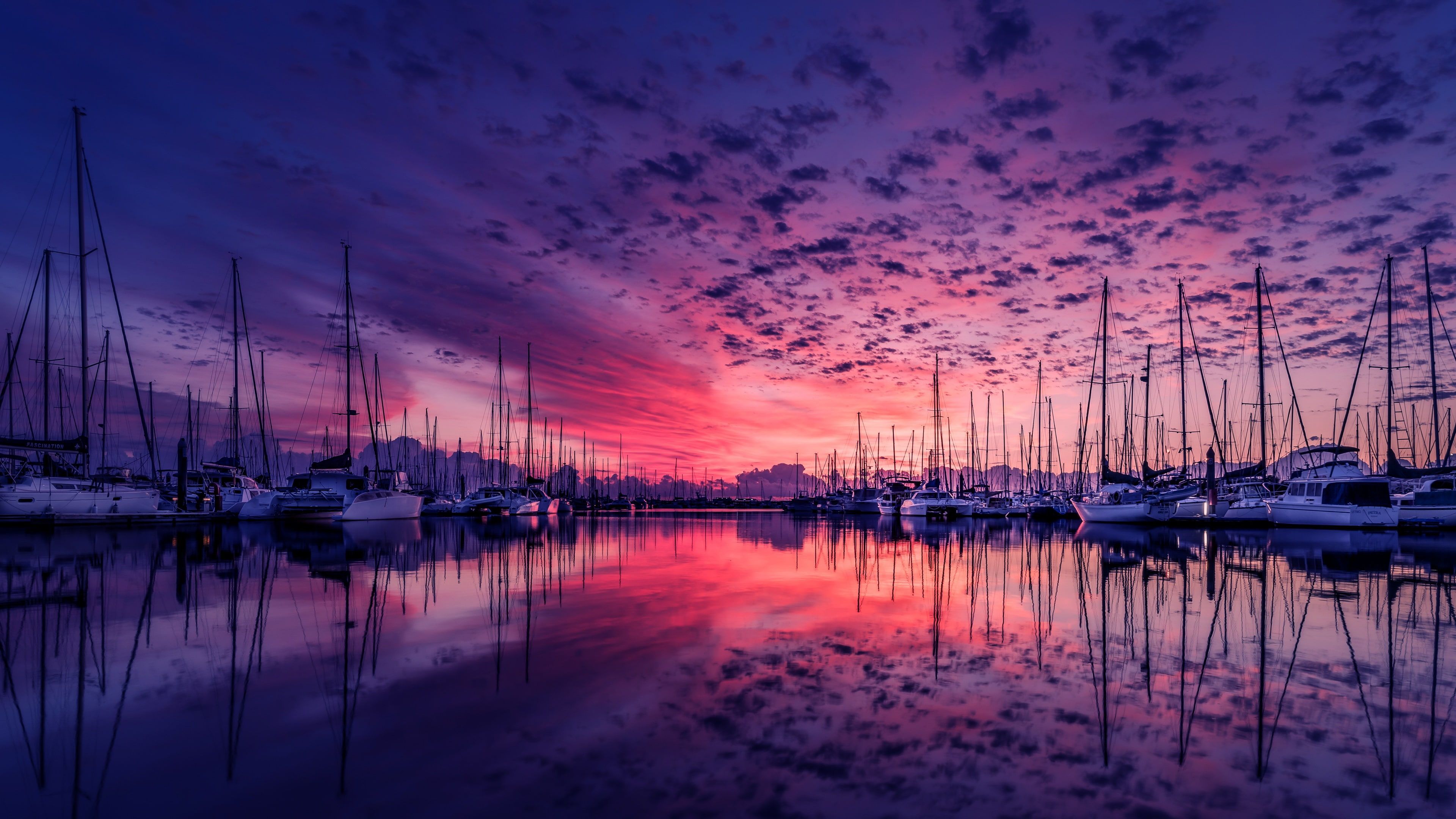 afterglow purple clouds pink sky #dock #boat #water #dusk #evening purple sky #reflection #horizon #calm #sunset #marina #wate. Pink sky, Clouds, Nature picture