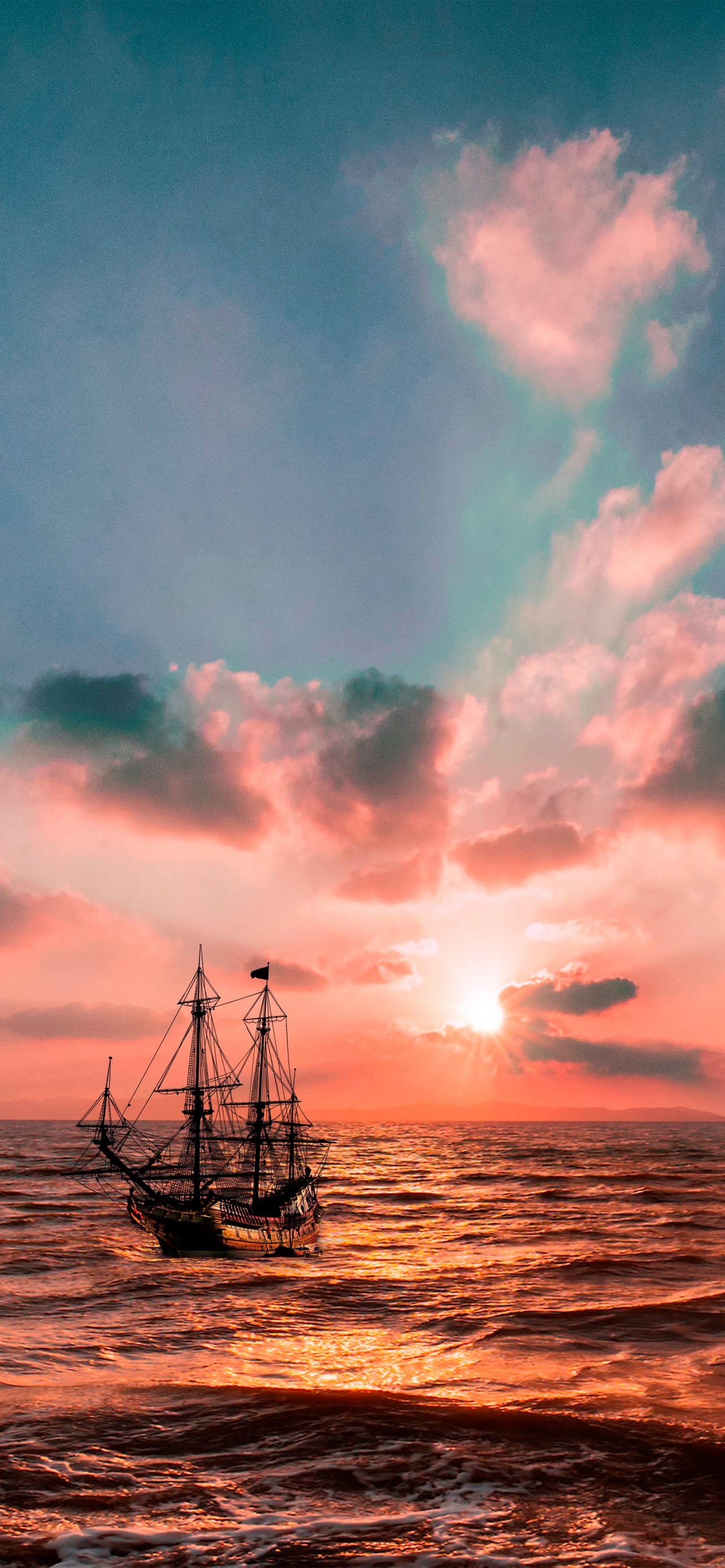 Sunset Wallpaper 4K, Ocean, Boat, Seascape, Dusk