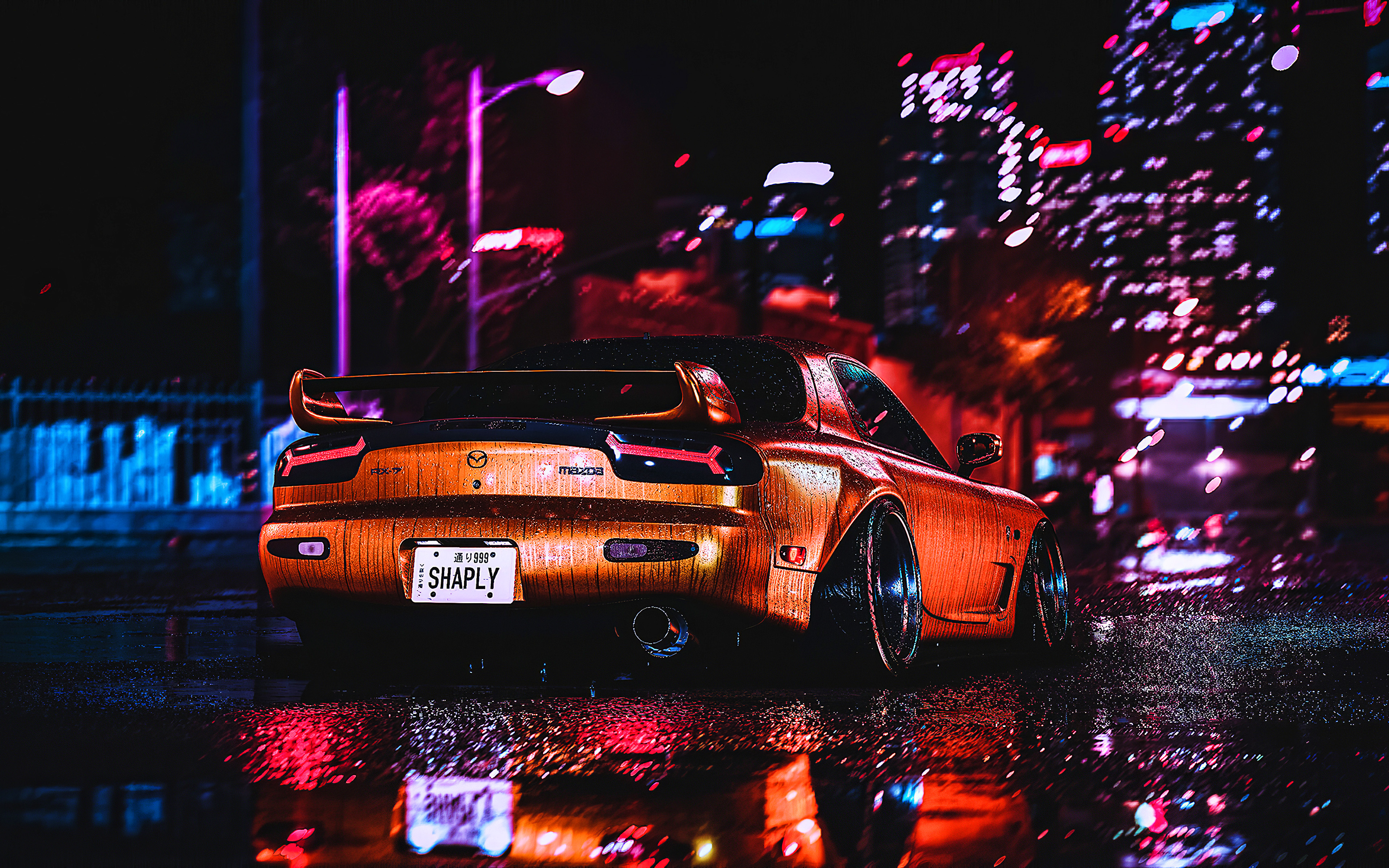 Download Wallpaper 4k, Mazda RX 7, Tuning, Supercars, Night, Low Rider, Tunned Mazda RX 7, Japanese Cars, Mazda For Desktop With Resolution 3840x2400. High Quality HD Picture Wallpaper