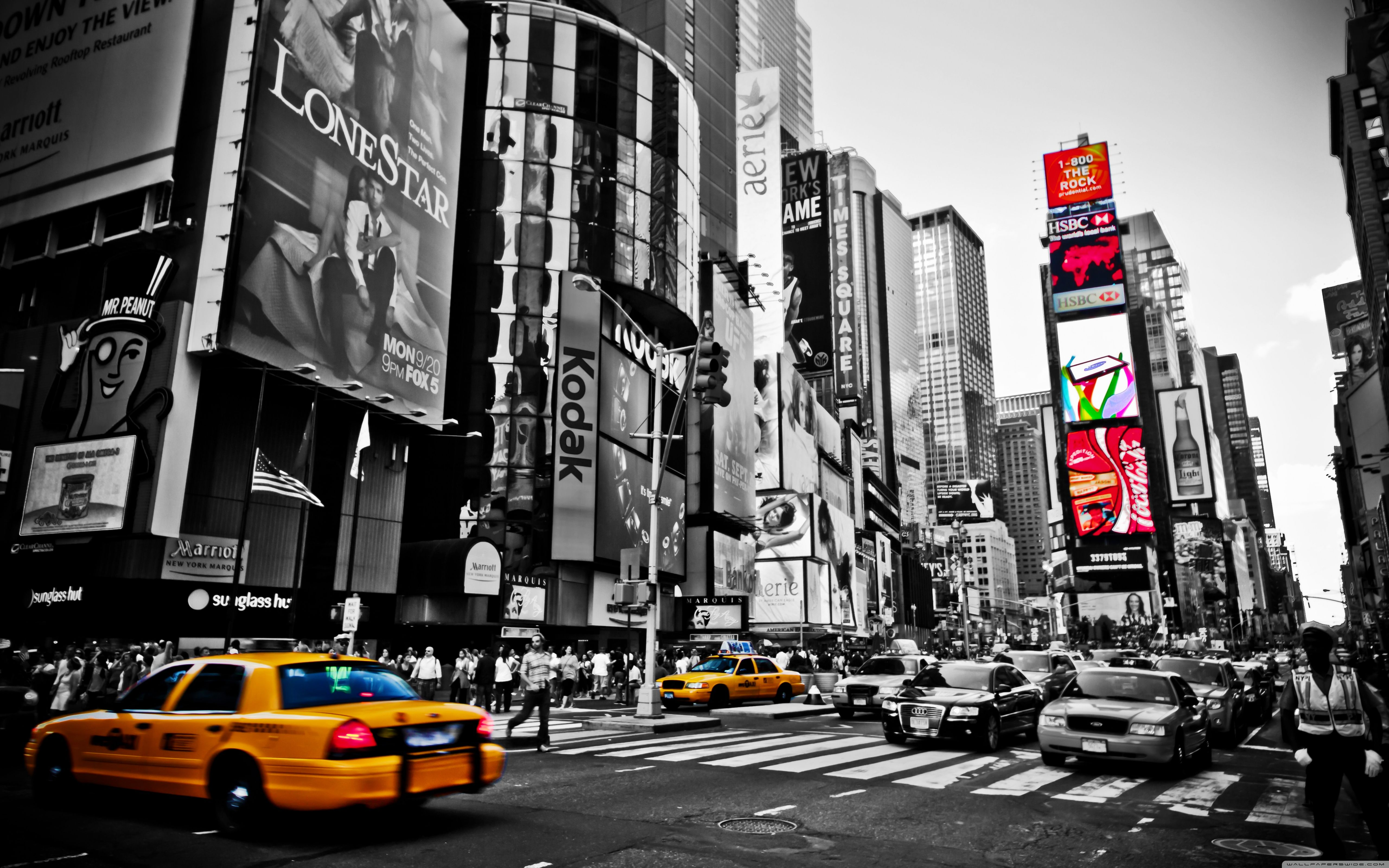 Wallpaper, taxi, New York City, selective coloring, street, Times Square, urban, city, traffic, people, USA 5120x3200