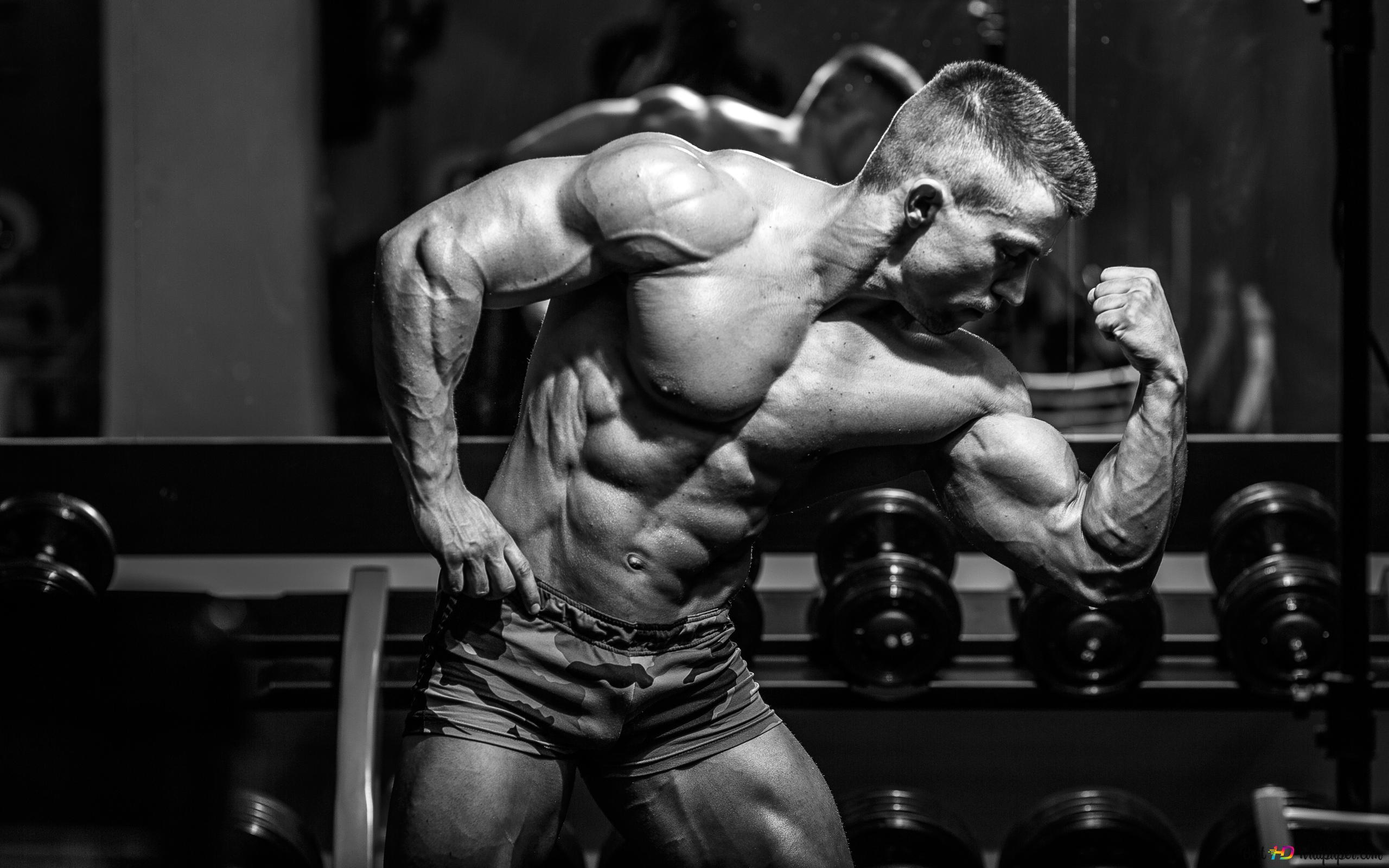Gym bodybuilder showing off his muscles black and white photo 4K wallpaper download