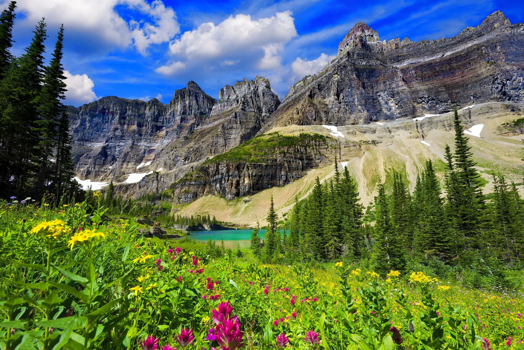 HD desktop wallpaper: Landscape, Grass, Mountain, Lake, Flower, Earth, Cliff, Spring download free picture