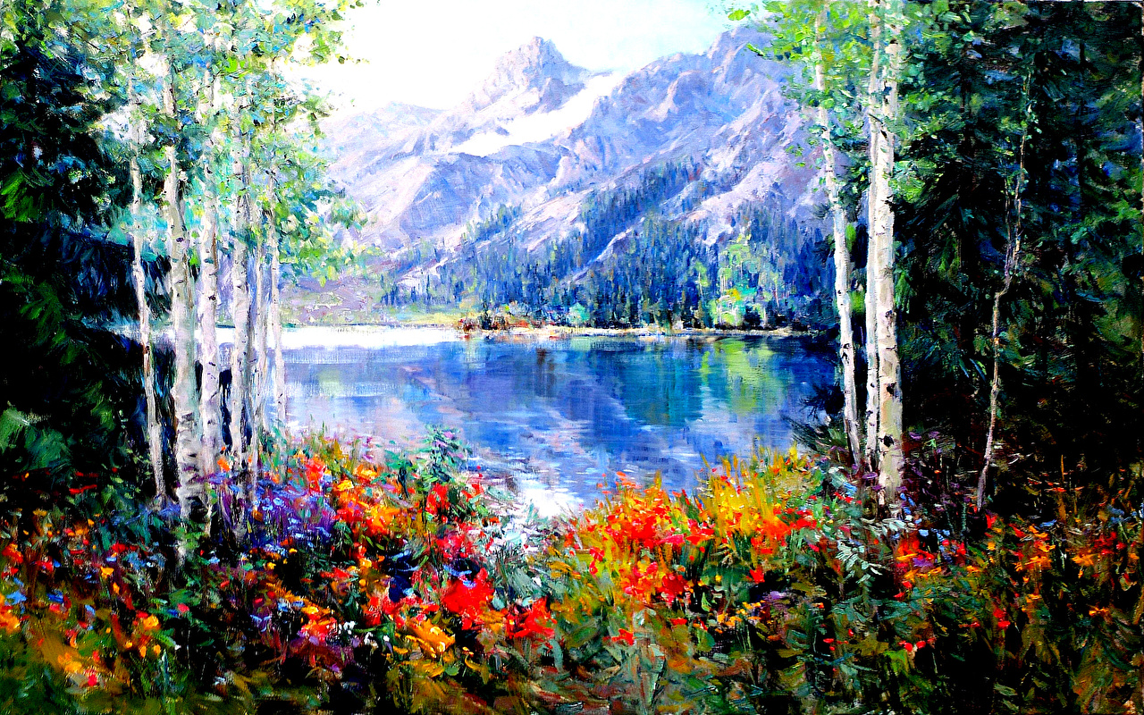 Image Nature Spring mountain Lake Scenery Pictorial art Trees