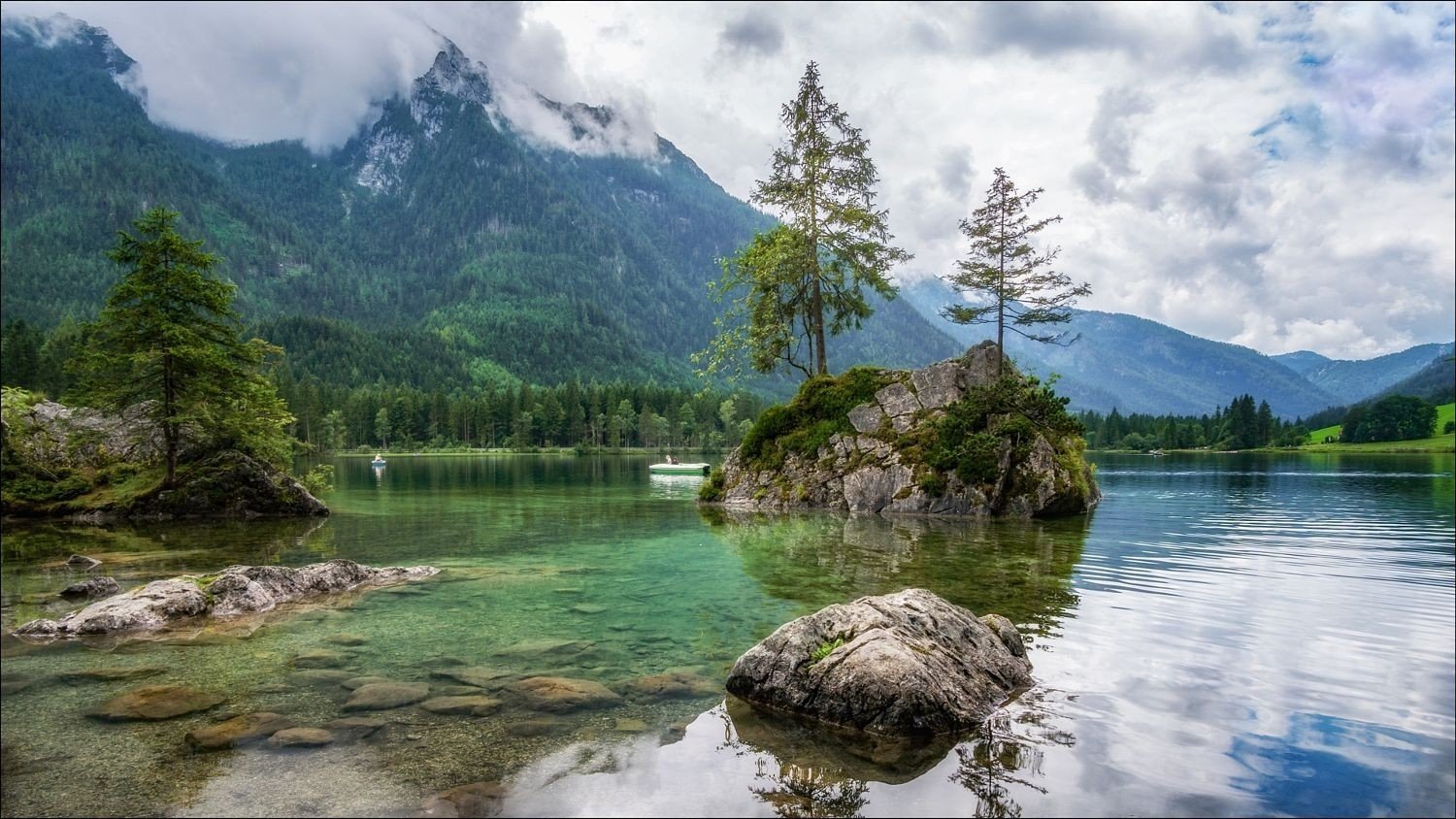 Wallpaper, landscape, forest, mountains, boat, lake, nature, reflection, photography, clouds, Germany, river, rocks, national park, fjord, valley, pine trees, wilderness, stream, spring, Rapid, tarn, loch, mountainous landforms, mountain range 1500x844