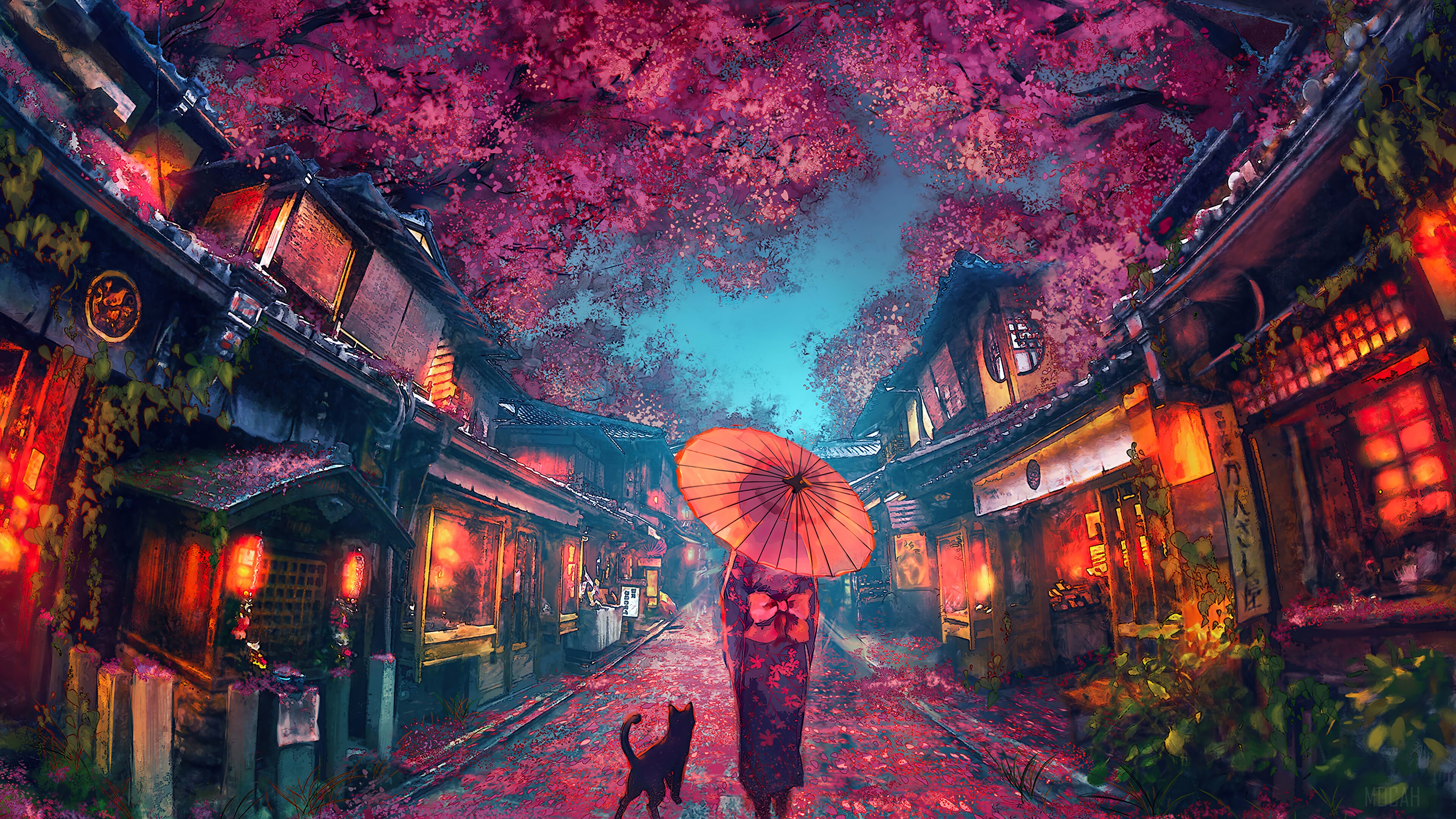 Beautiful, Anime, Street, Scenery, Cherry Blossom, Kimono 4k Gallery HD Wallpaper