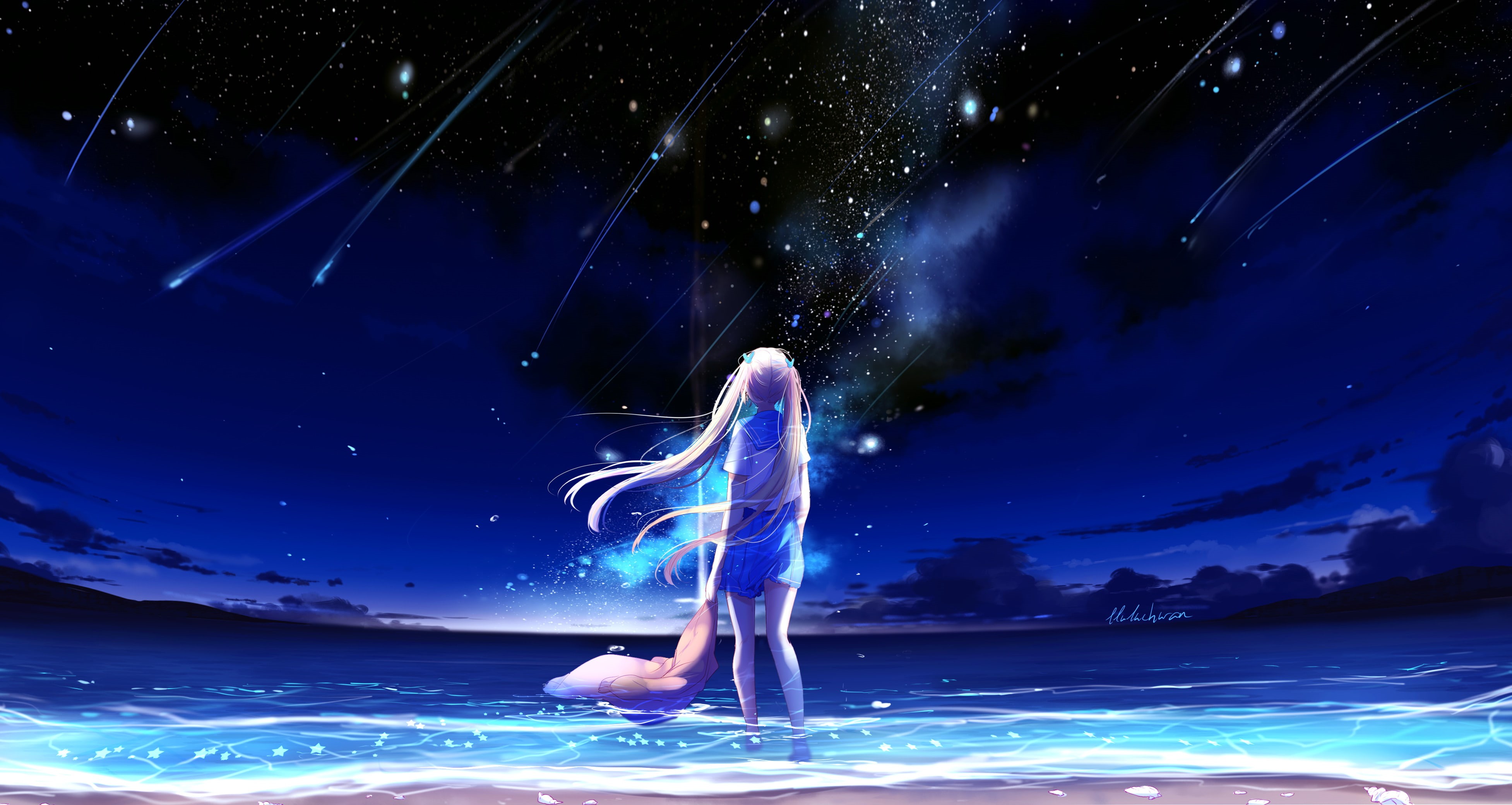 Wallpaper / 4K, Anime girl, Blue, Beach, 4K, Sea, Night free download