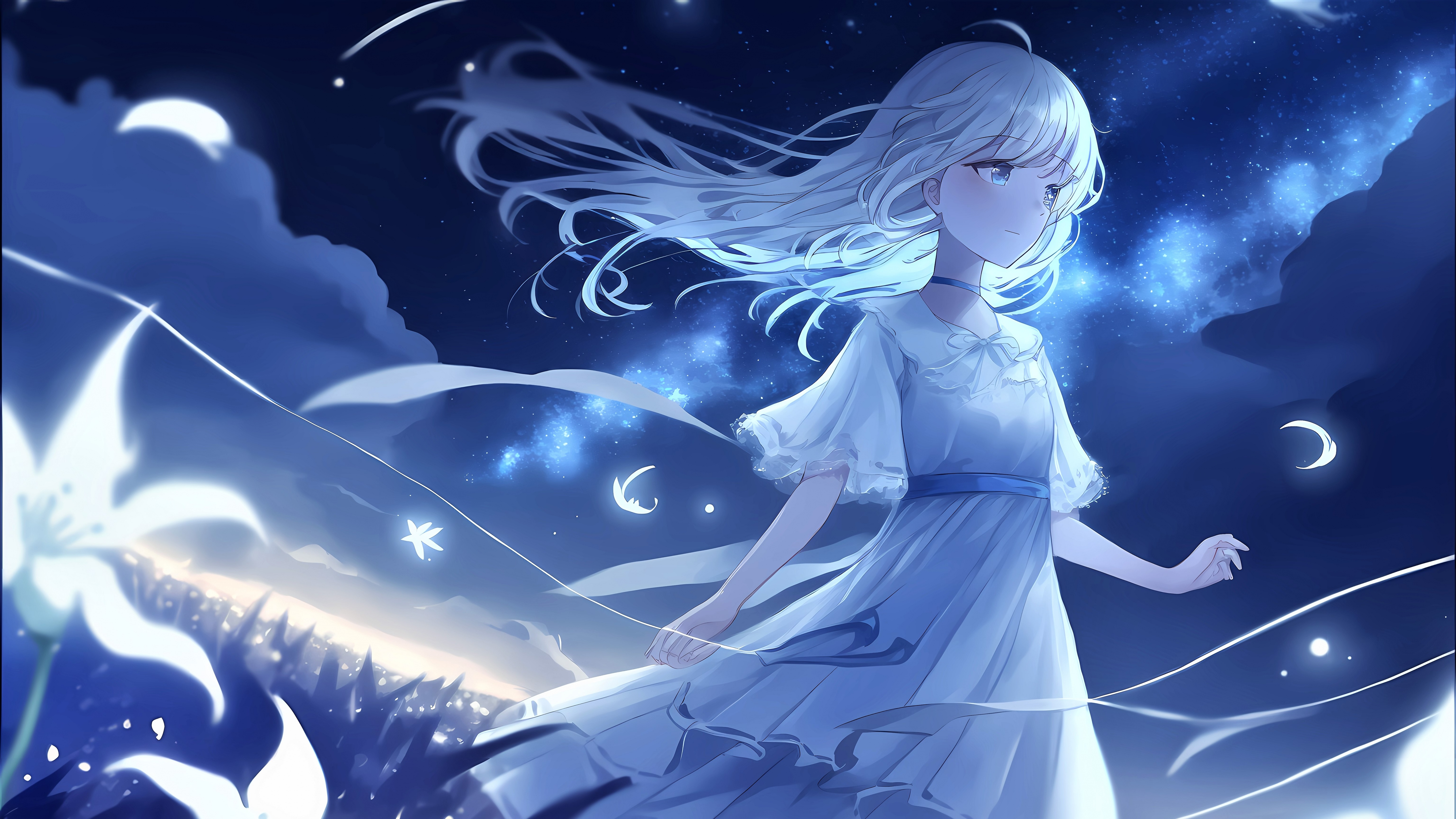 Anime girl Wallpaper 4K, Night, Surreal, Blue background
