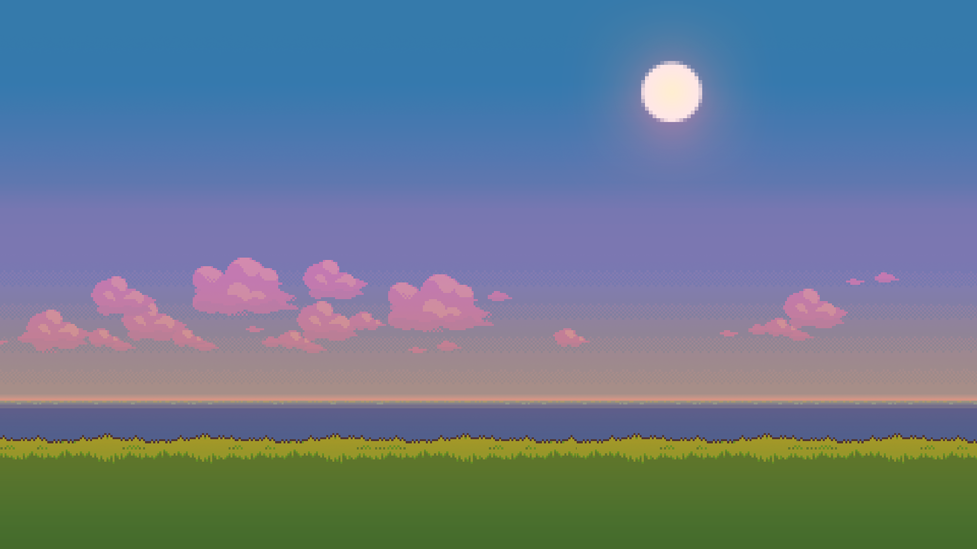 water, grass, pixel art, Sun
