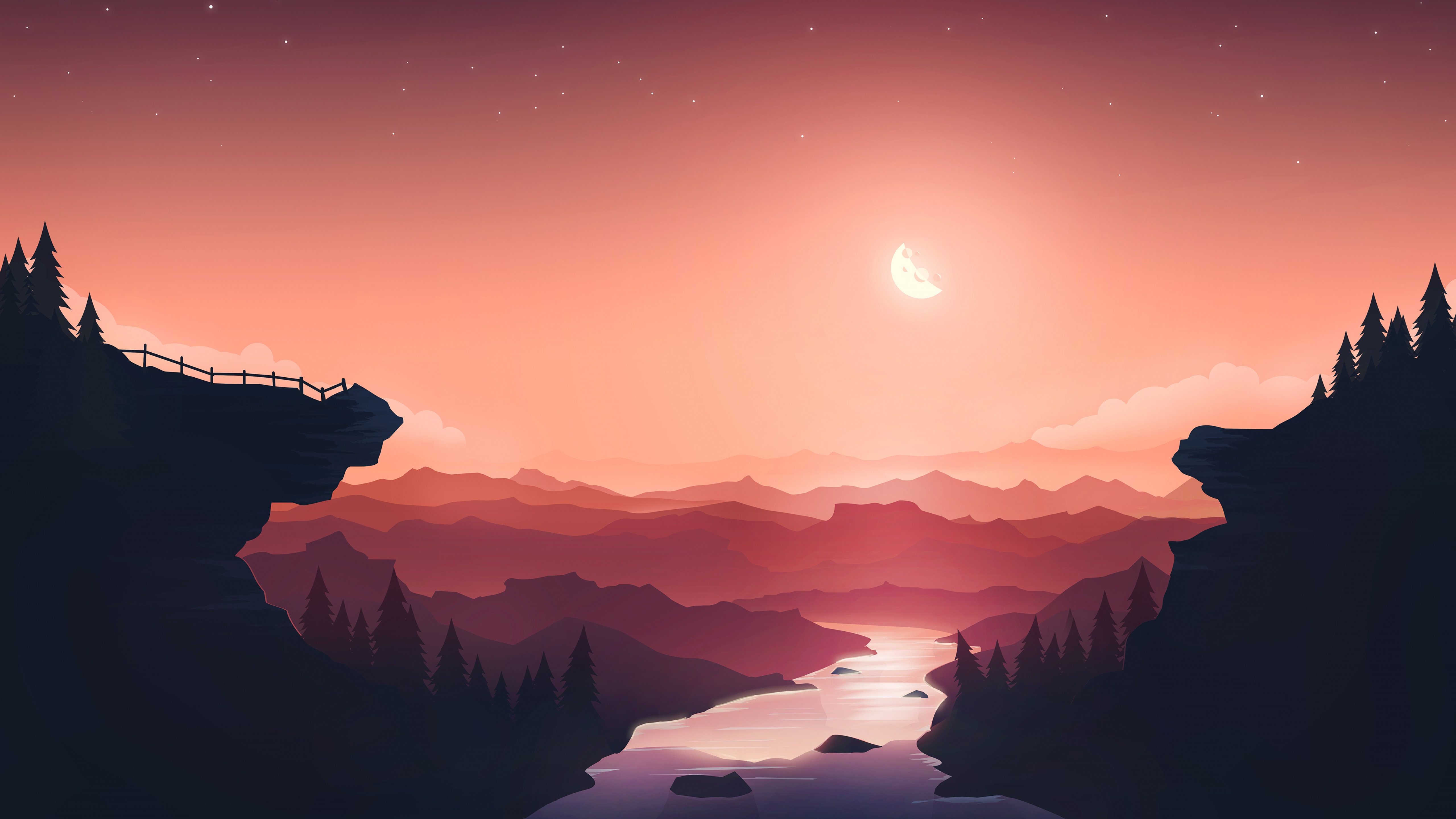 Sunset Wallpaper 4K, Moon, River, Mountains