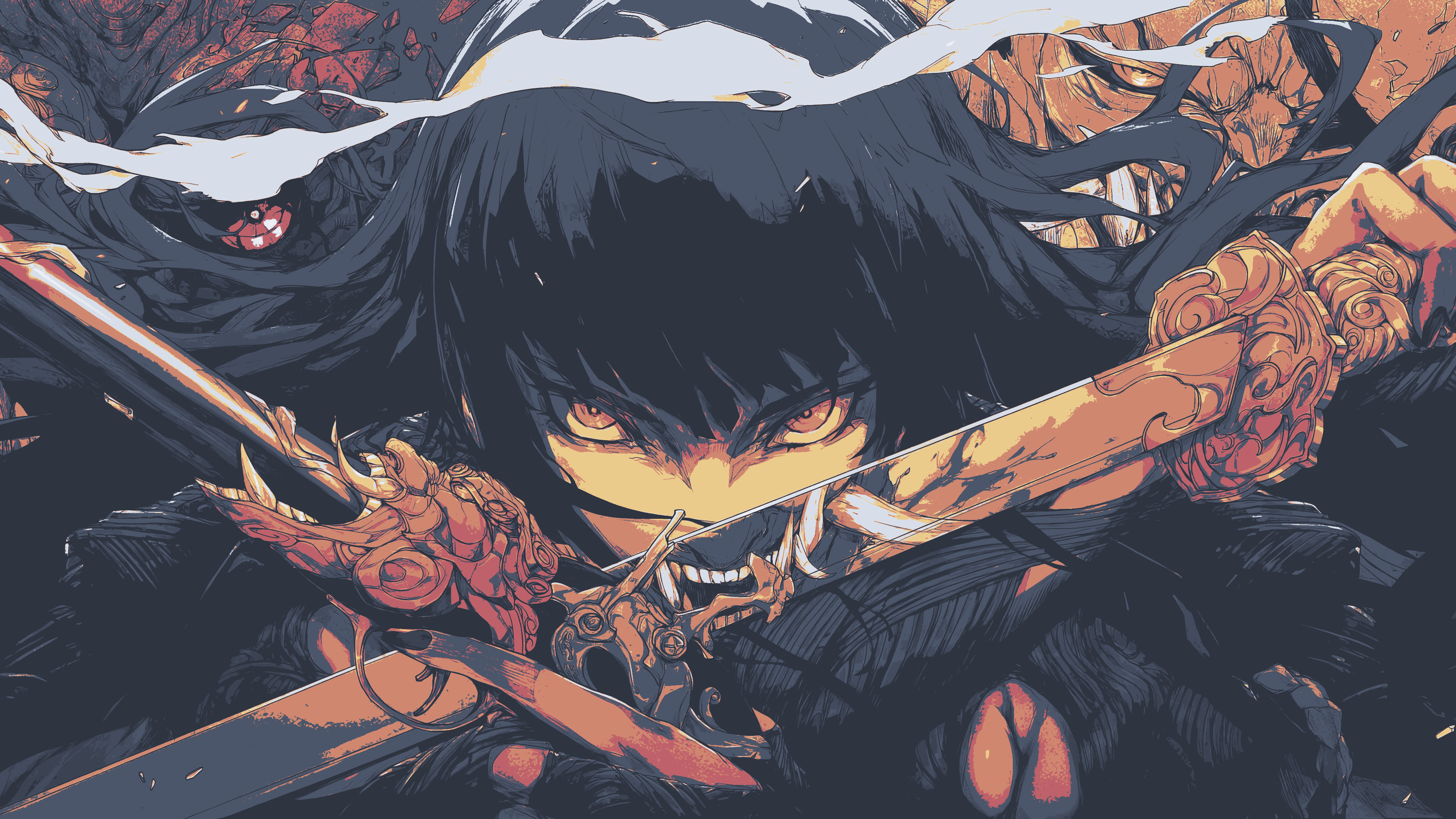 Wallpaper, KOHAKUNUSHI, katana, pistol, teeth, Nord Theme, gun, anime girls, 4k, long hair, fangs, demon 3840x2160