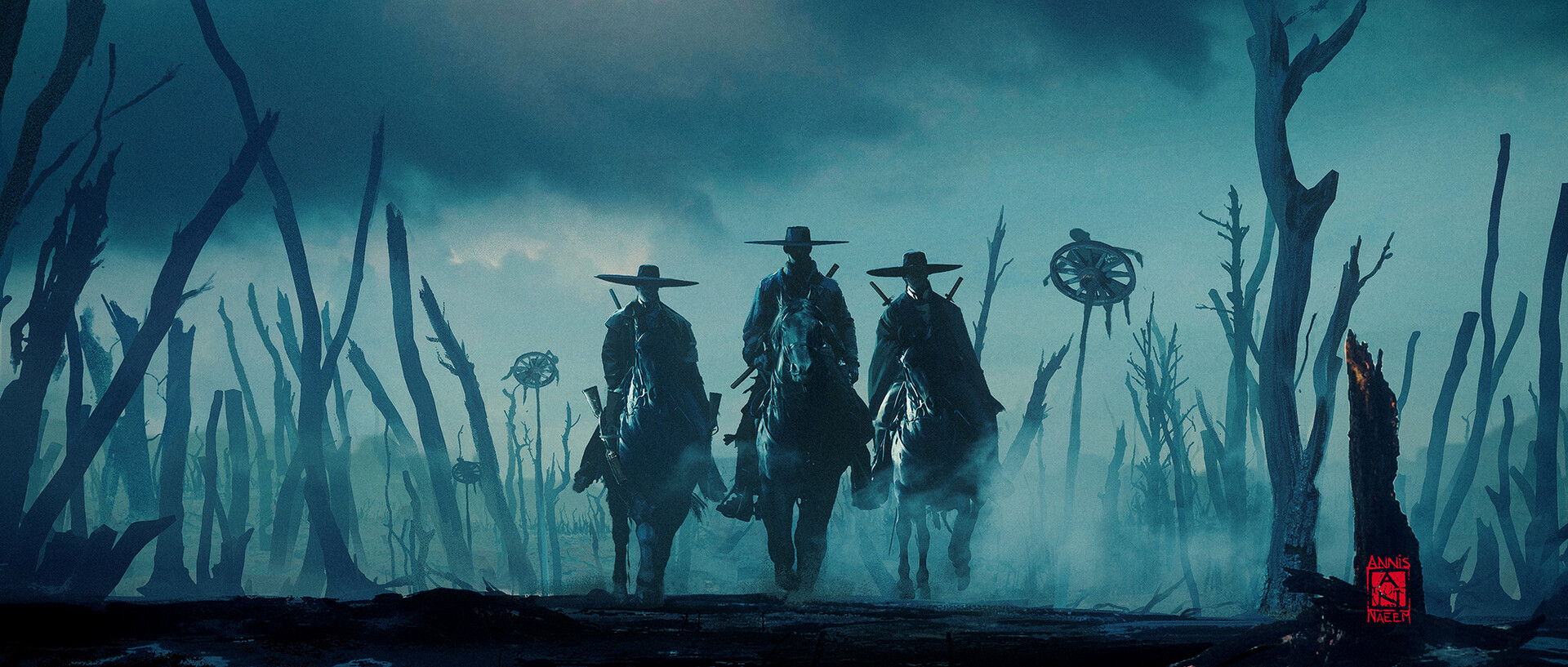 cowboys, ruins, horse, artwork 1920x817
