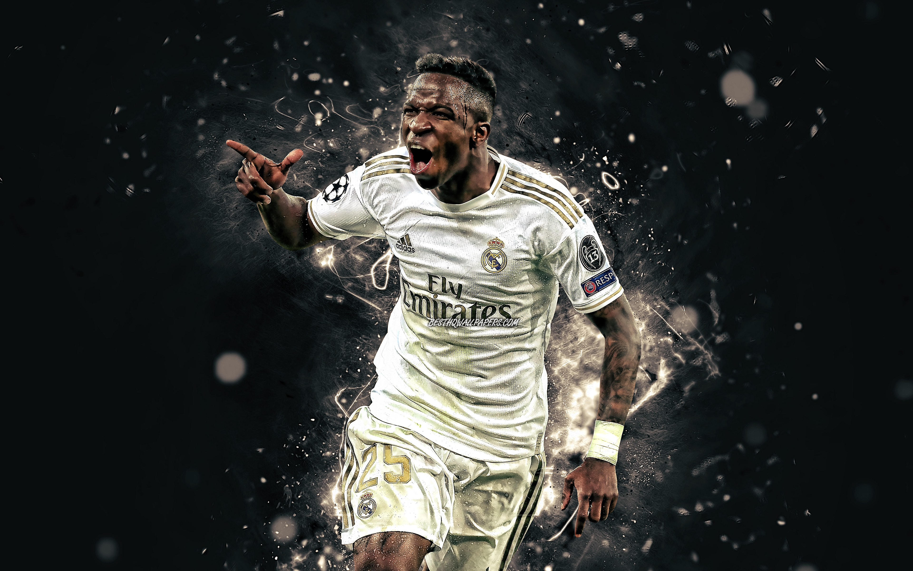 Download wallpaper 4k, Vinicius Junior, 2020, brazilian footballers, Real Madrid CF, neon lights, Vinicius Jose Paixao de Oliveira Junior, soccer, Real Madrid FC, LaLiga, football, Galacticos, La Liga, Vinicius Junior 4K for