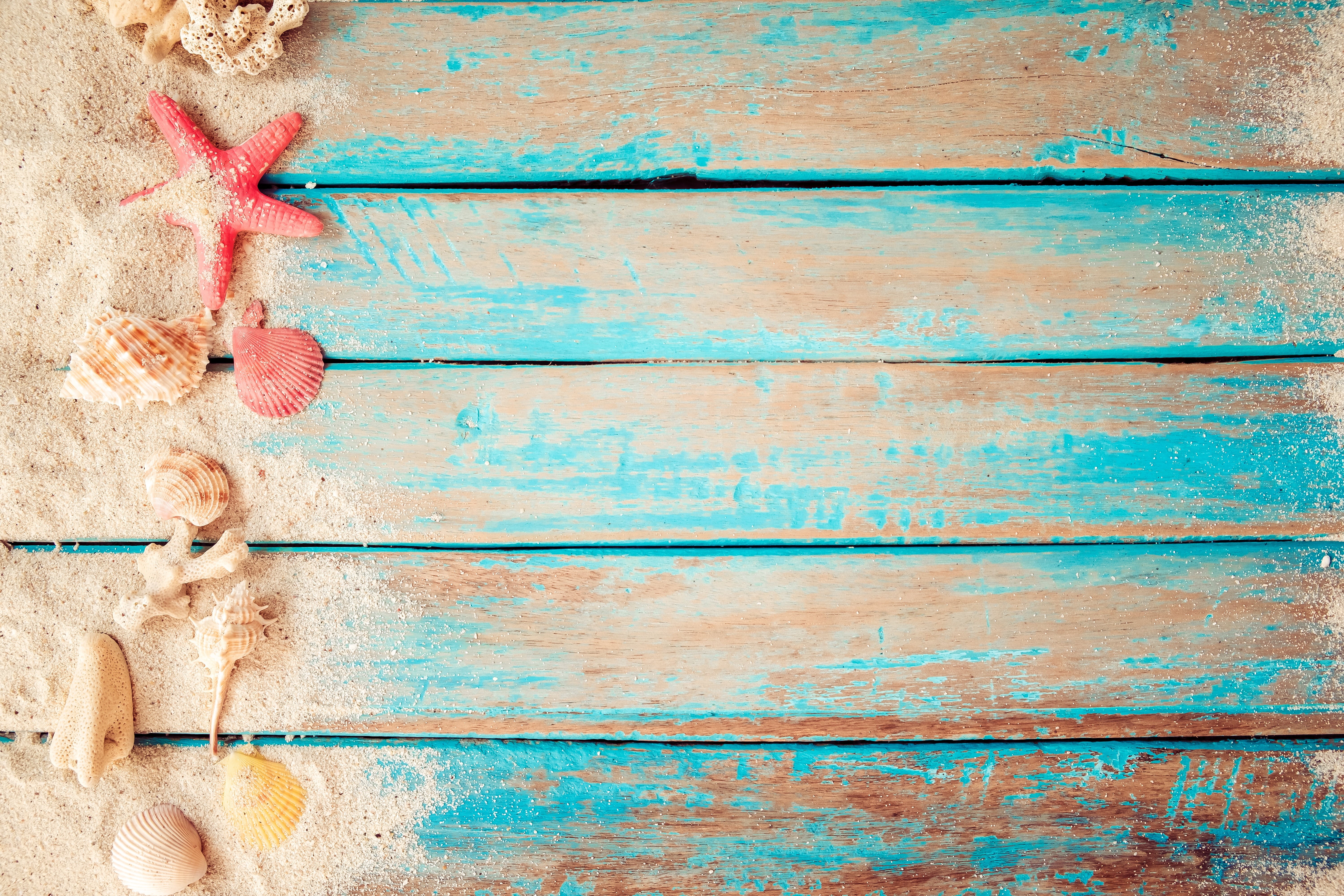 Wallpaper / vintage, marine, Board, starfish, shell, summer, 5K, background, wood, seashells, star, sand, beach free download