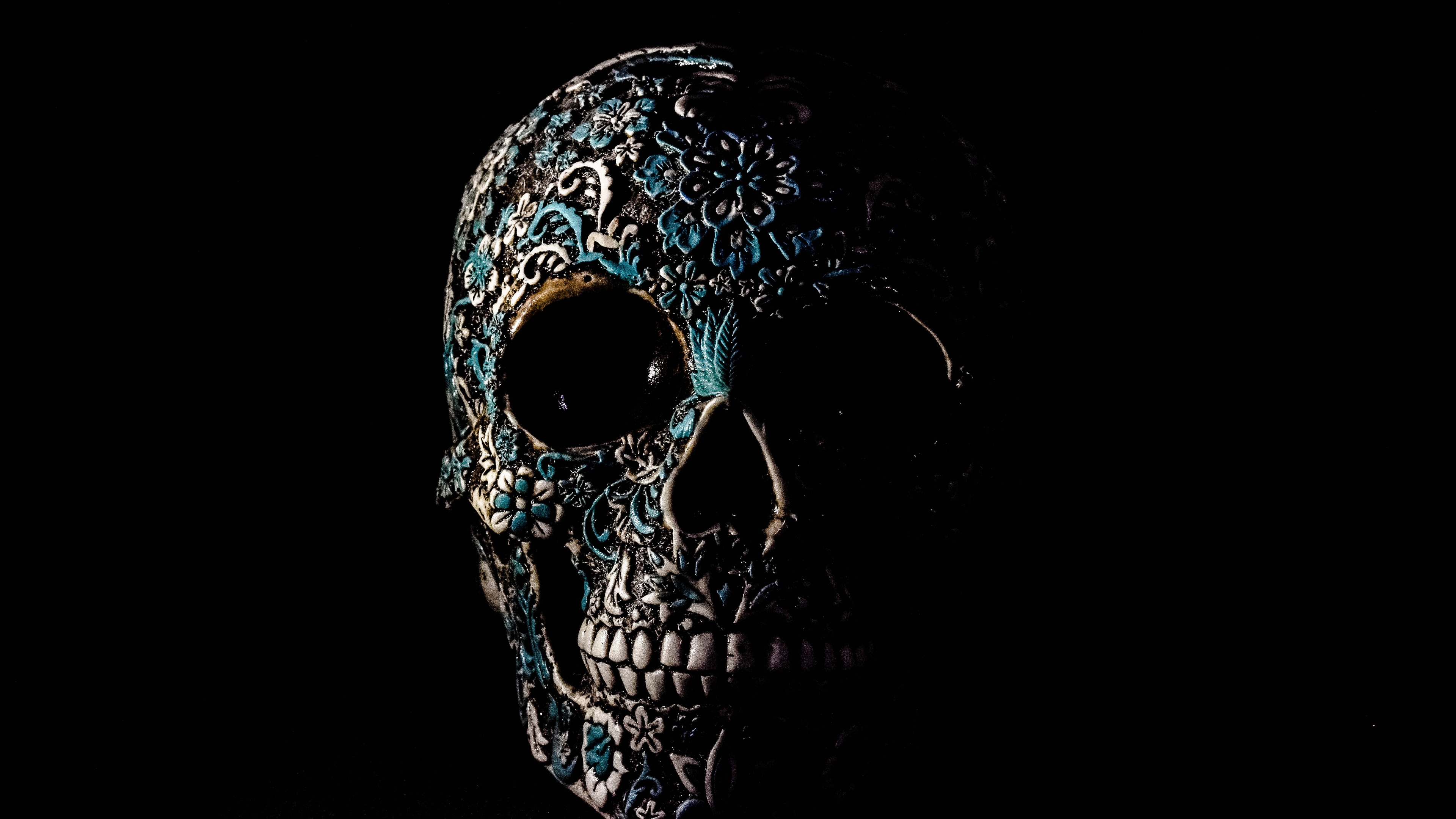 Skull Wallpaper 4K, Human, Skeleton, Black background