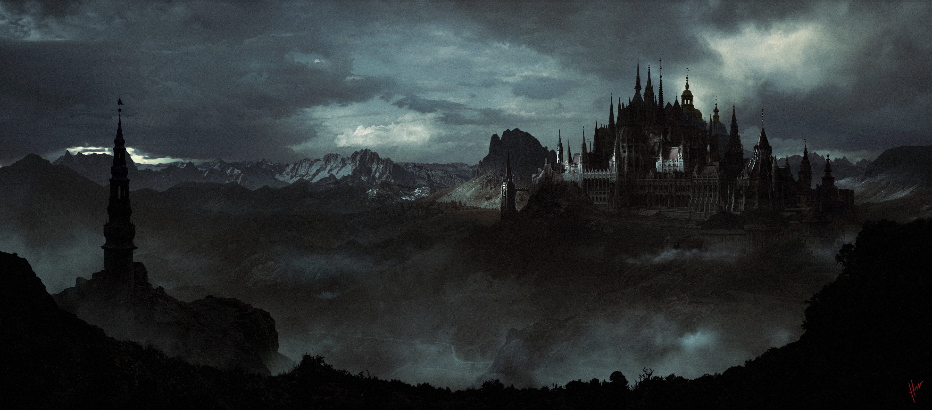 castle, digital art, dark, artwork